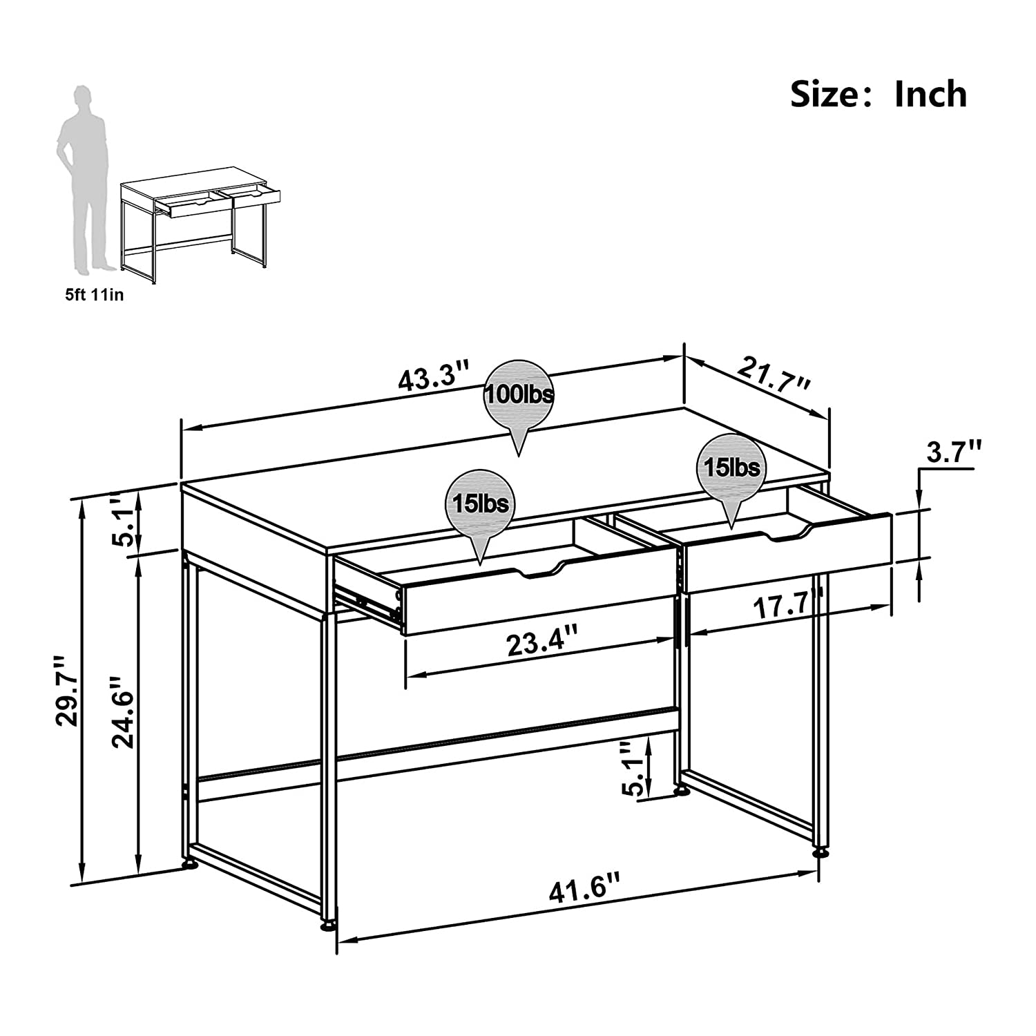 Bestier Small Rectangular Office Desk - Minimalist Writing Computer Workstation with 2 Large Drawers, Rustic Brown - Perfect for Home Office, Study Room & Vanity Makeup Area