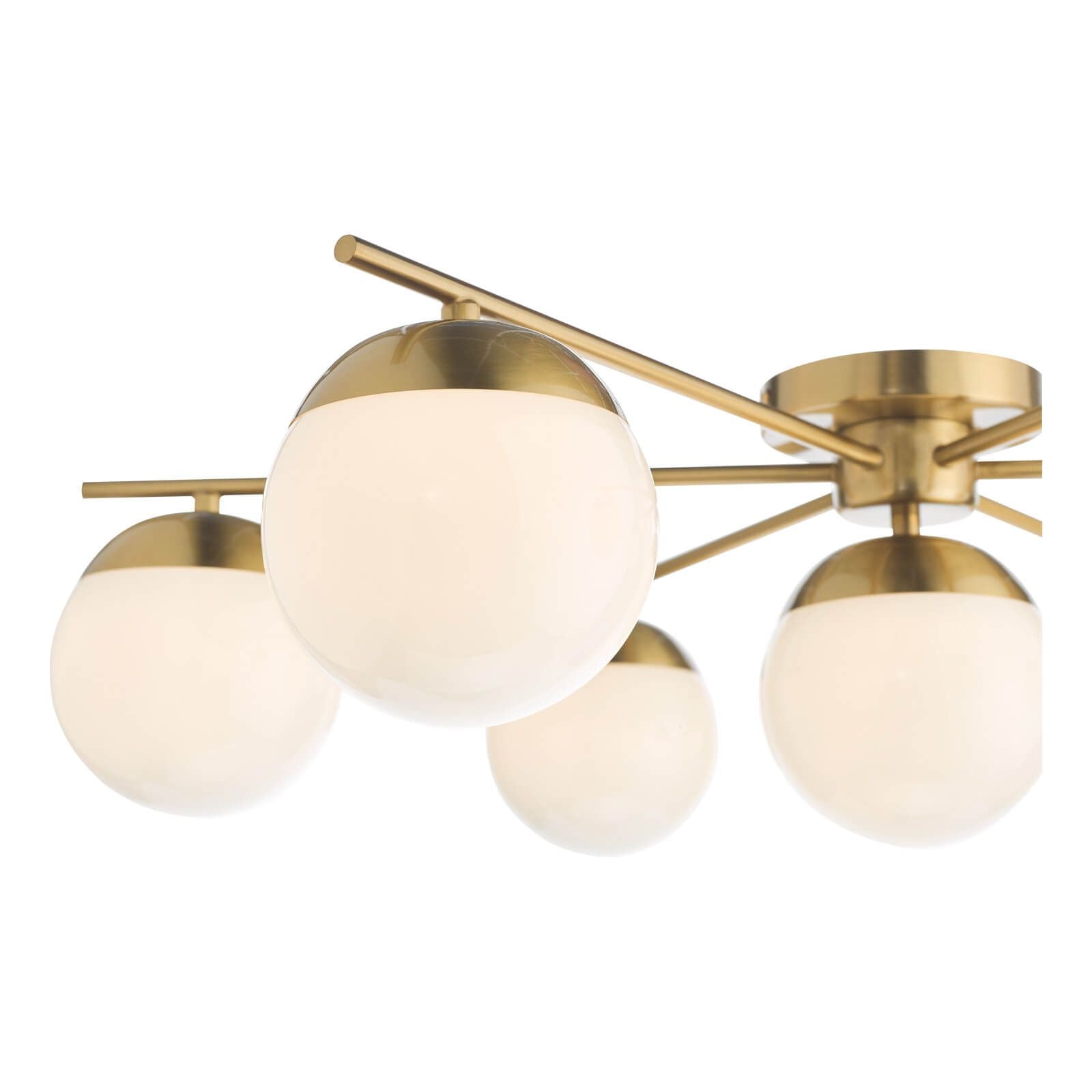 Bombazine 7Lt Semi Flush Mount Ceiling Light - Natural Brass & White Opal Glass - Perfect for Bedroom, Dining Room, and Hallway Lighting