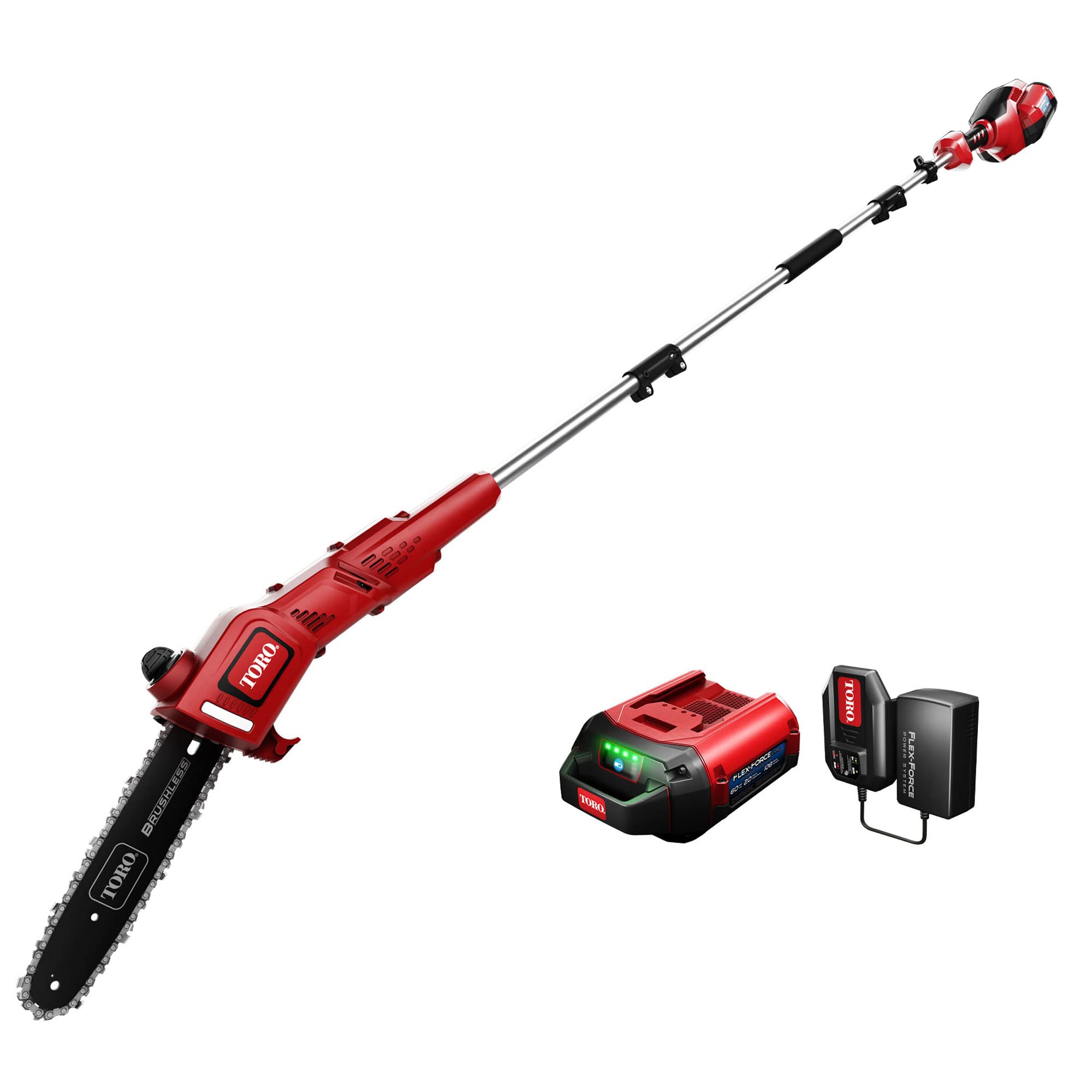 Toro Flex Force 60V Max 10-Inch Cordless Electric Pole Saw with Brushless Motor | 3-Piece Extendable Pole | 2Ah Battery & Charger Included | Perfect for Tree Trimming, Branch Cutting, and Yard Maintenance