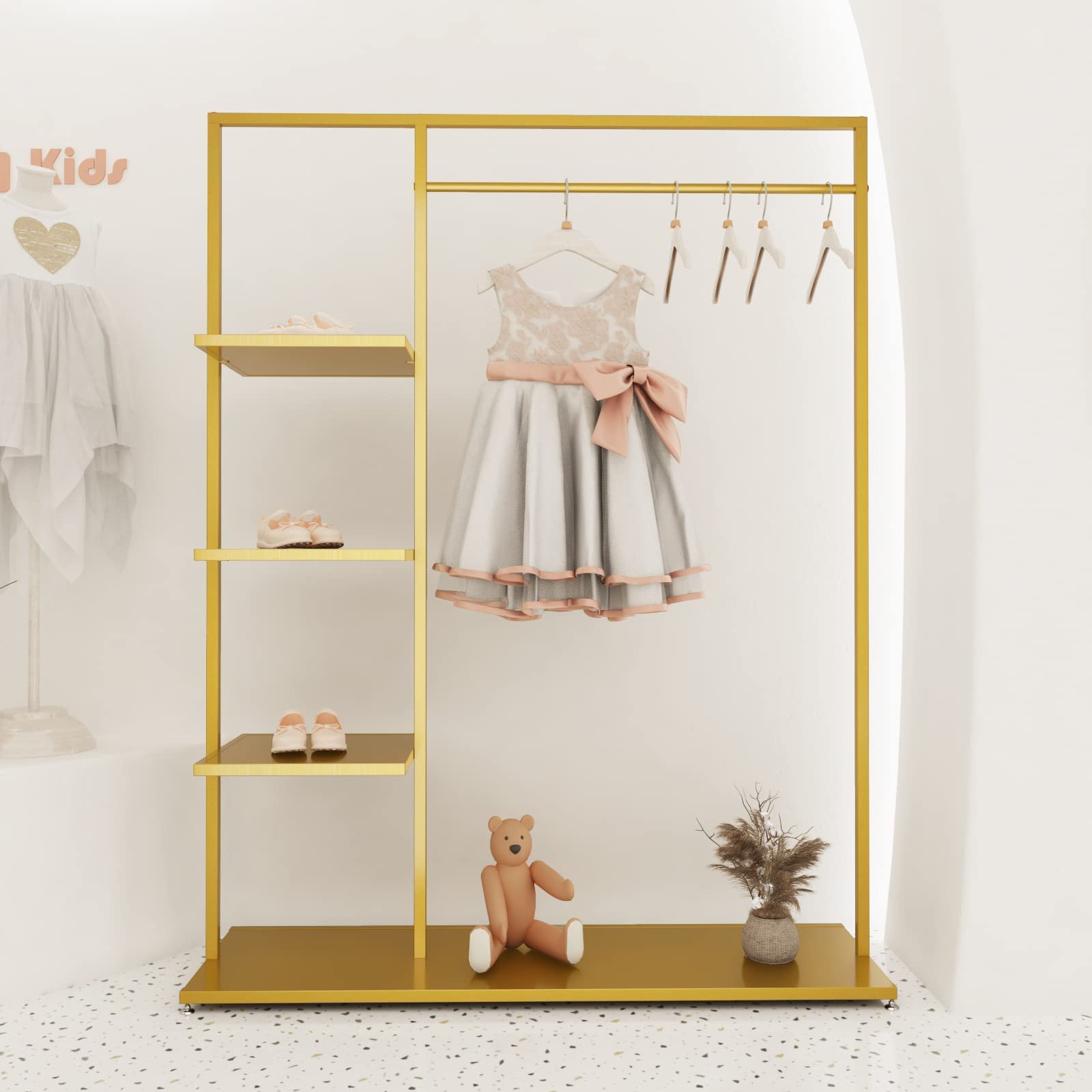 Stylish Gold Clothing Rack with Shelf - Heavy Duty Garment Rack for Boutique & Home Use - Multi-Purpose Hanging Organizer for Clothes, Accessories & Retail Display (Gold) - Perfect for Bedroom, Closet, Store & Fashion Showroom