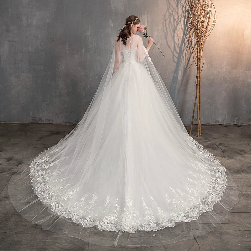 Elegant Long Sleeve Lace Wedding Dress with Long Train & Embroidery - Plus Size Princess Bridal Gown for Church, Beach, or Ballroom Ceremonies