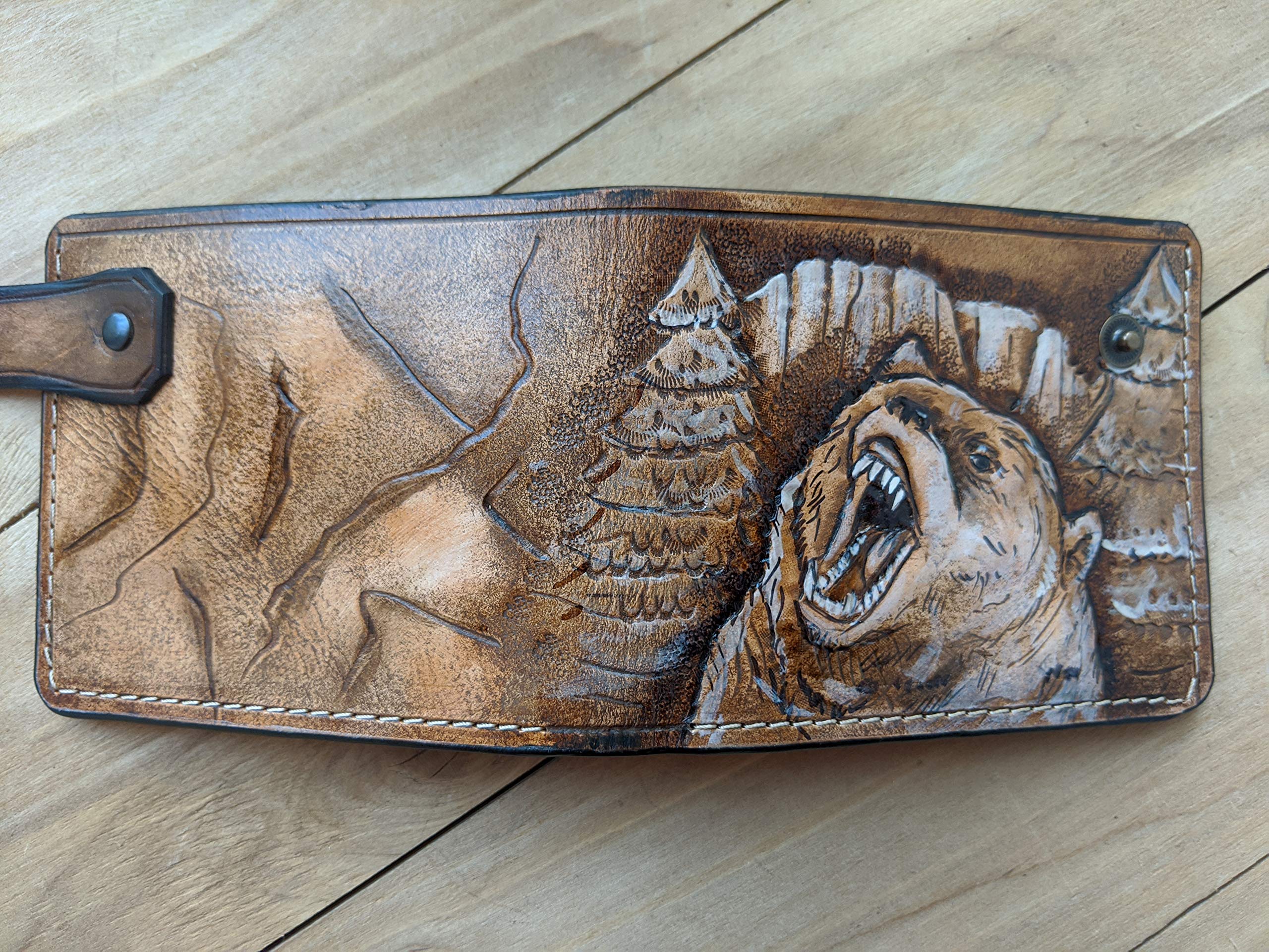 Grizzly Bear Forest Hunter Hunting Mens 3D Genuine Leather Bifold Wallet - Handmade Carved Tooled Airbrush Art Custom Personalized Gift for Outdoorsmen (Camping, Hiking, Fishing)