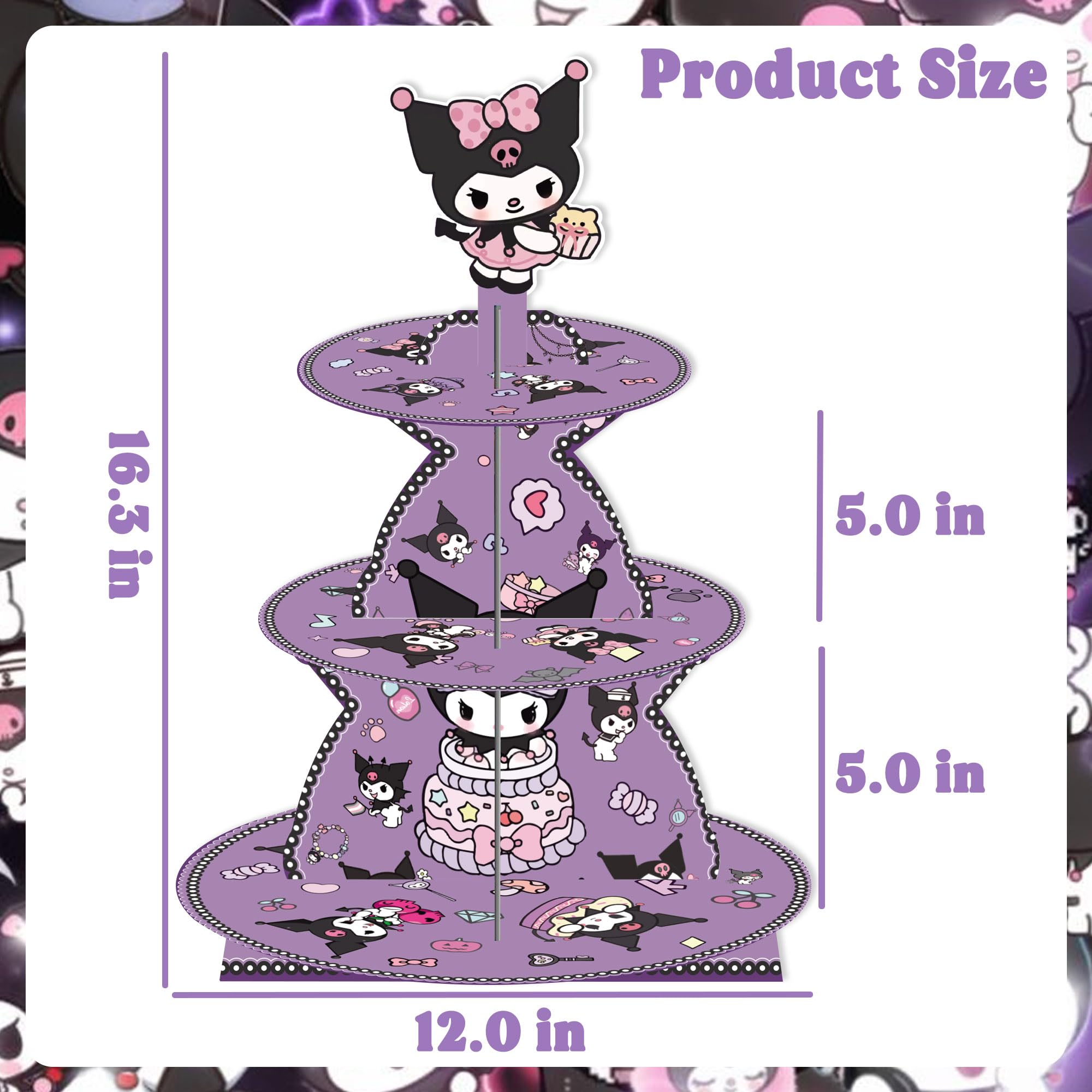 Kawaii Cartoon Birthday Decorations - 3 Tier Purple Cupcake Stand for Kids Party Supplies | Dessert Display Stand for Birthday, Baby Shower & Wedding | Cute Paper Cupcake Holder for Party Decor