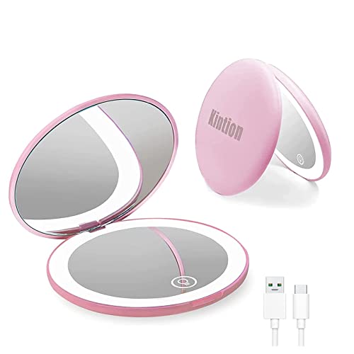 Rechargeable LED Travel Makeup Mirror - 1x/10x Magnification, Dimmable & Portable for Purse, Pocket - Pink