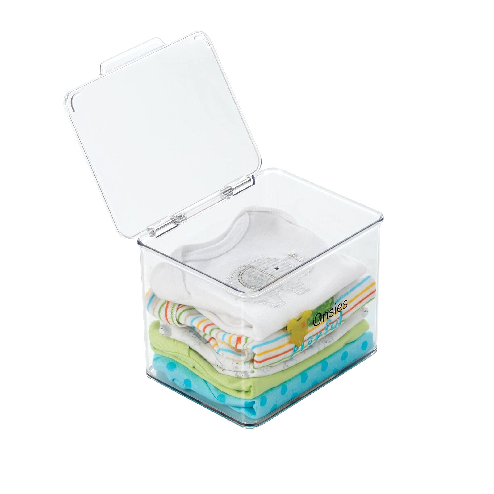 mDesign Stackable Plastic Storage Box with Hinged Lid - Kids Toy Organizer for Kitchen, Pantry, Nursery, Bedroom, Playroom, Bathroom & Closet - Clear Plastic Storage Bins with 32 Labels - Perfect for Organizing Toys, Crafts & School Supplies