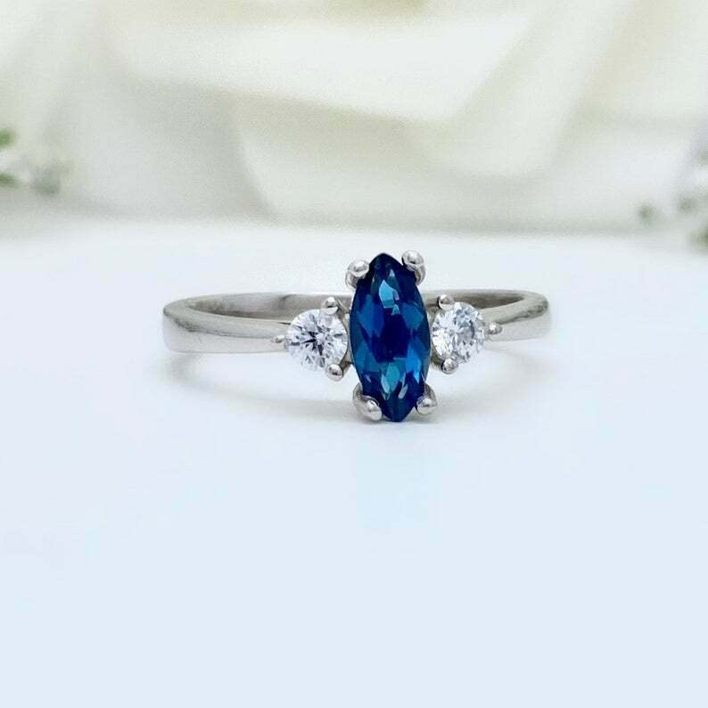 1ct Marquise Cut London Blue Topaz Engagement Ring for Women - 925 Sterling Silver White Gold Plated, Elegant Trilogy Design for Proposals, Anniversaries & Special Occasions