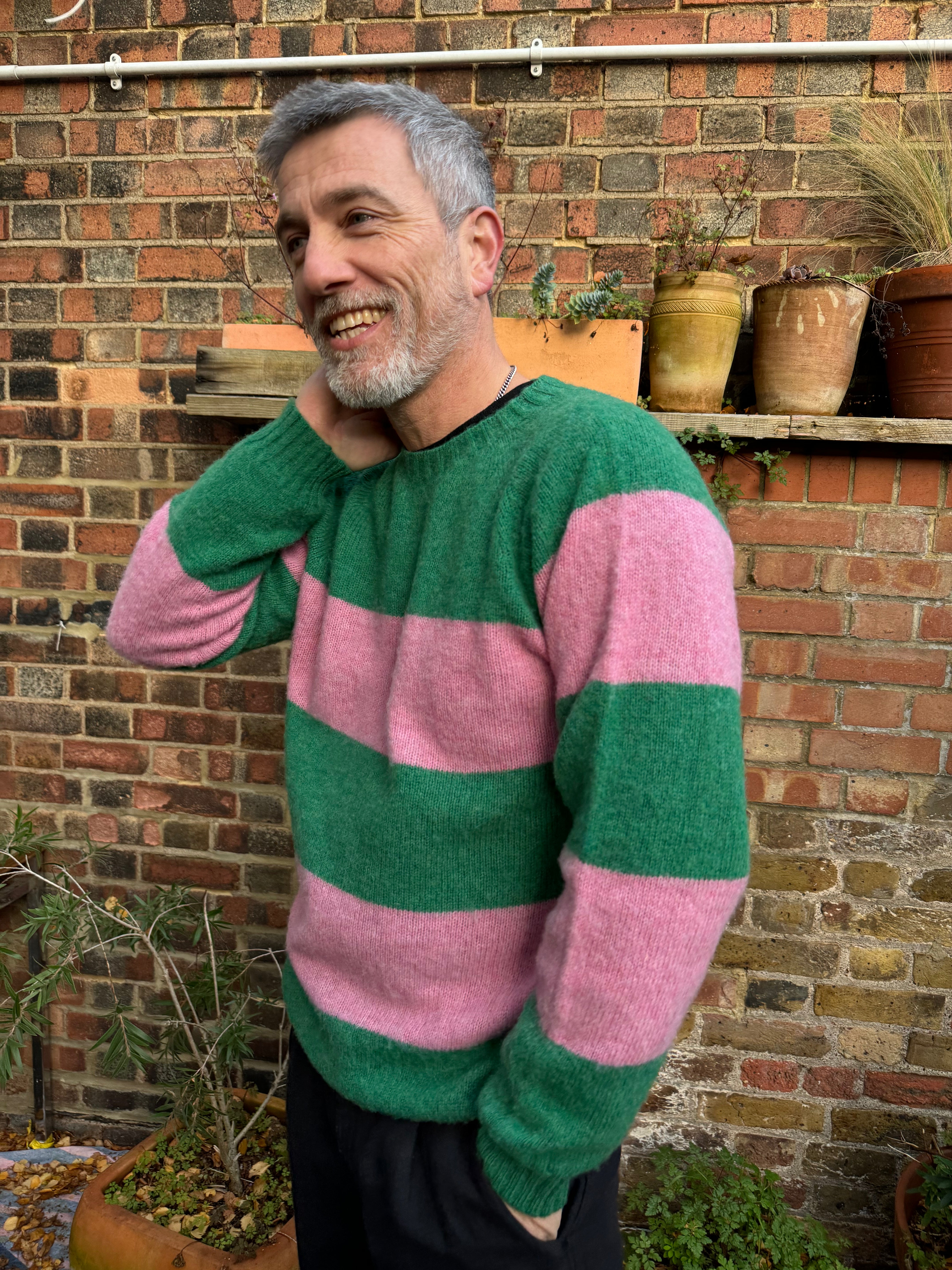 Lowie Men's Pink and Green Striped Jumper Sweater - Casual Pullover for Winter Warmth & Stylish Outfits