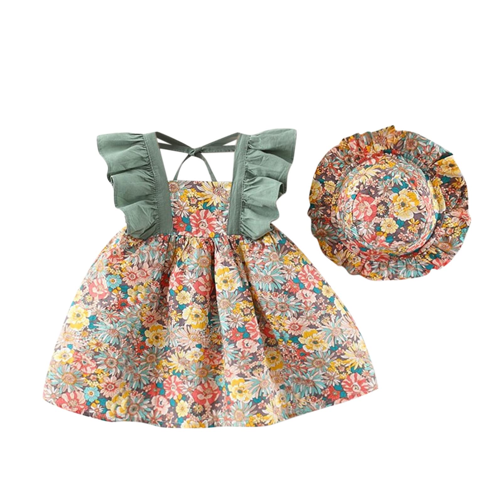 Floral Baby Summer Dress with Matching Hat - Ruffled Sleeveless Toddler Princess Outfit for Girls | Perfect for Beach Vacations, Outdoor Play & Photo Shoots