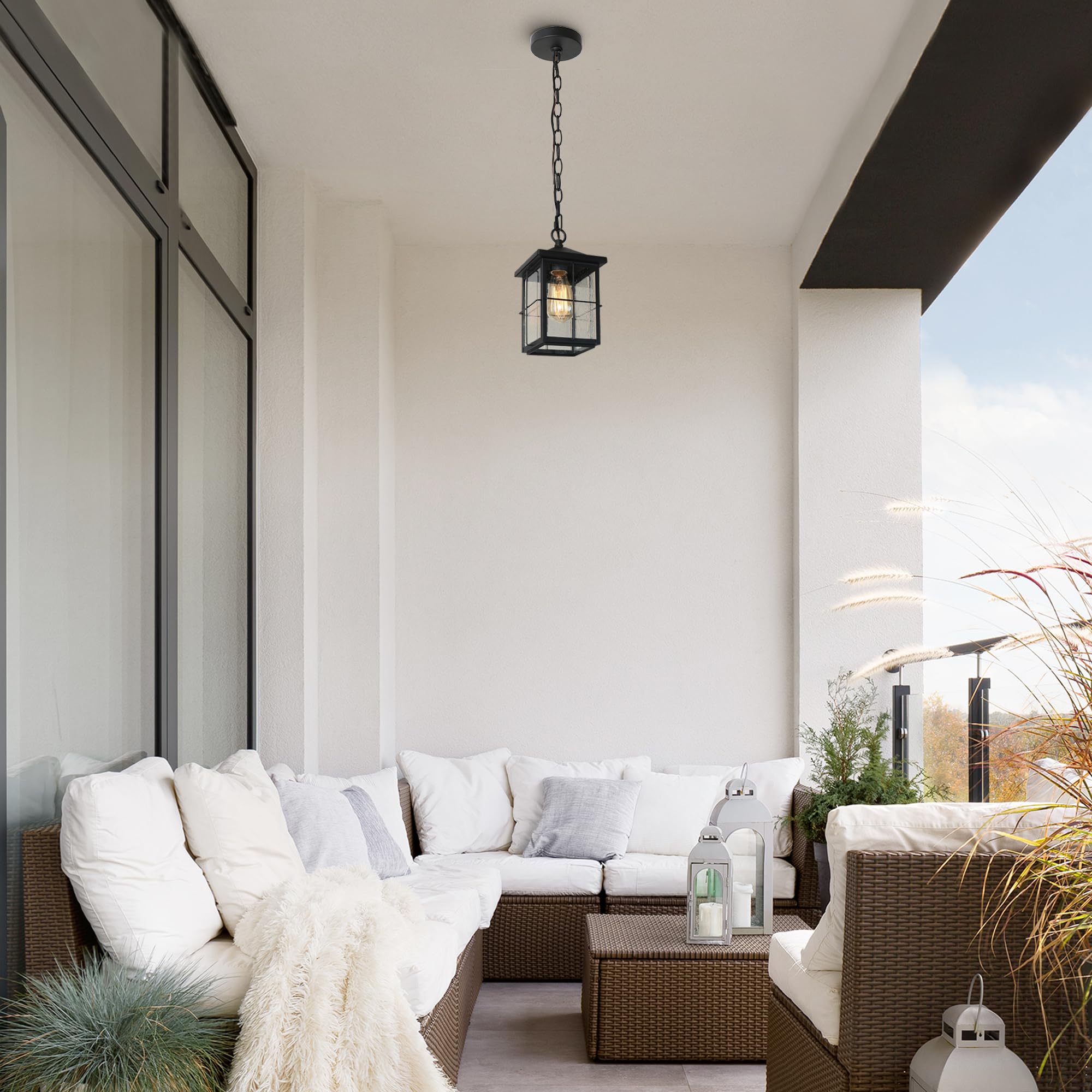 Black Adjustable Farmhouse Outdoor Pendant Light - Square Hanging Lantern with Seeded Glass & Chain for Front Door, Porch, Gazebo - Weatherproof Exterior Lighting for Patio, Garden & Entryway