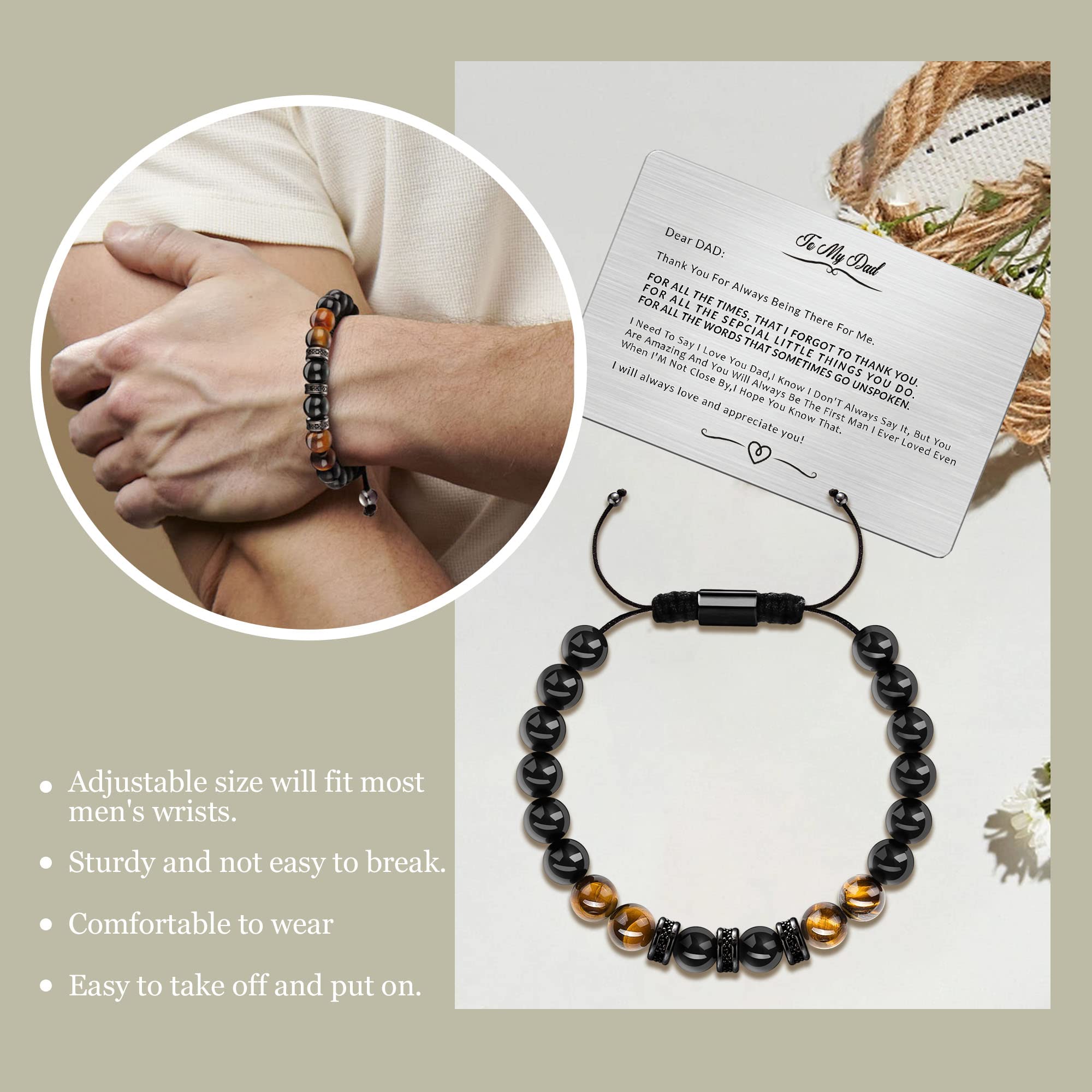 Tiger Eye Beaded Bracelet for Men - Adjustable I Love You Gift for Dad, Anniversary, Graduation - Perfect for Daily Wear & Special Occasions