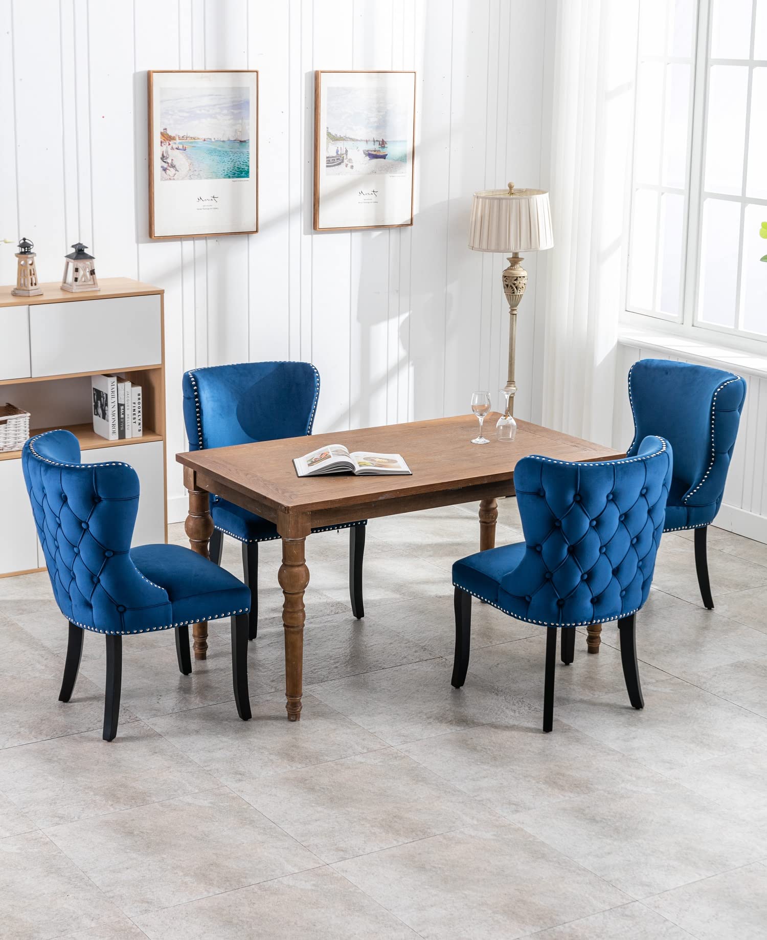 **Merax Set of 2 Upholstered Wingback Dining Chairs - Blue Velvet with Nailhead Trim & Solid Wood Legs - Elegant Kitchen & Dining Room Seating for Home & Restaurant**