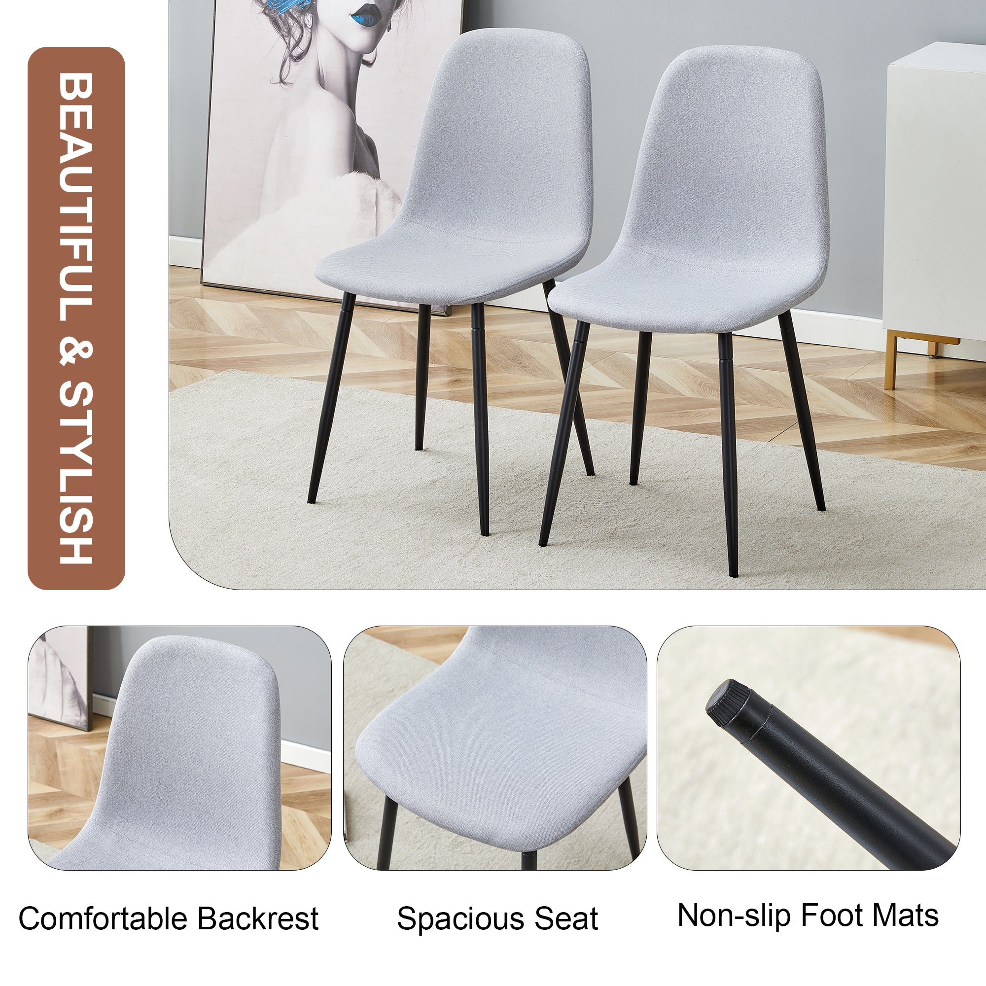 Comfortable Linen Cotton Dining Chair Set of 4 - Light Gray Modern Upholstered Chairs with Integrated Seat & Backrest for Kitchen, Dining Room & Home Decor