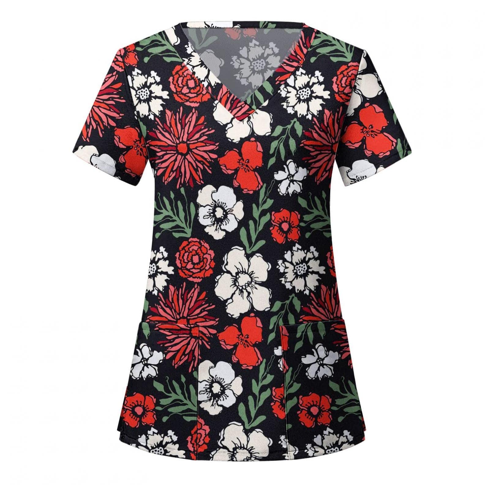 Women's Floral Print Short Sleeve V-Neck T-Shirt - Loose Fit Casual Blouse with Pocket for Work Uniform & Summer Outfits | Office Wear, Daily Comfort, Weekend Style