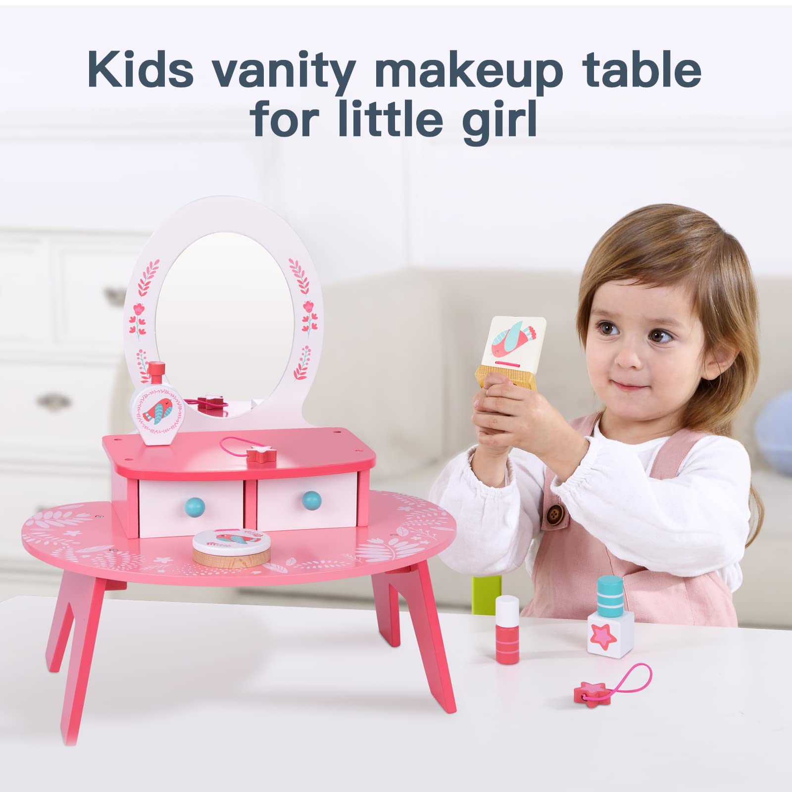 Tookyland Princess Vanity Toy Set for Toddlers - Wooden Makeup Table with Mirror & Accessories for Girls' Pretend Play