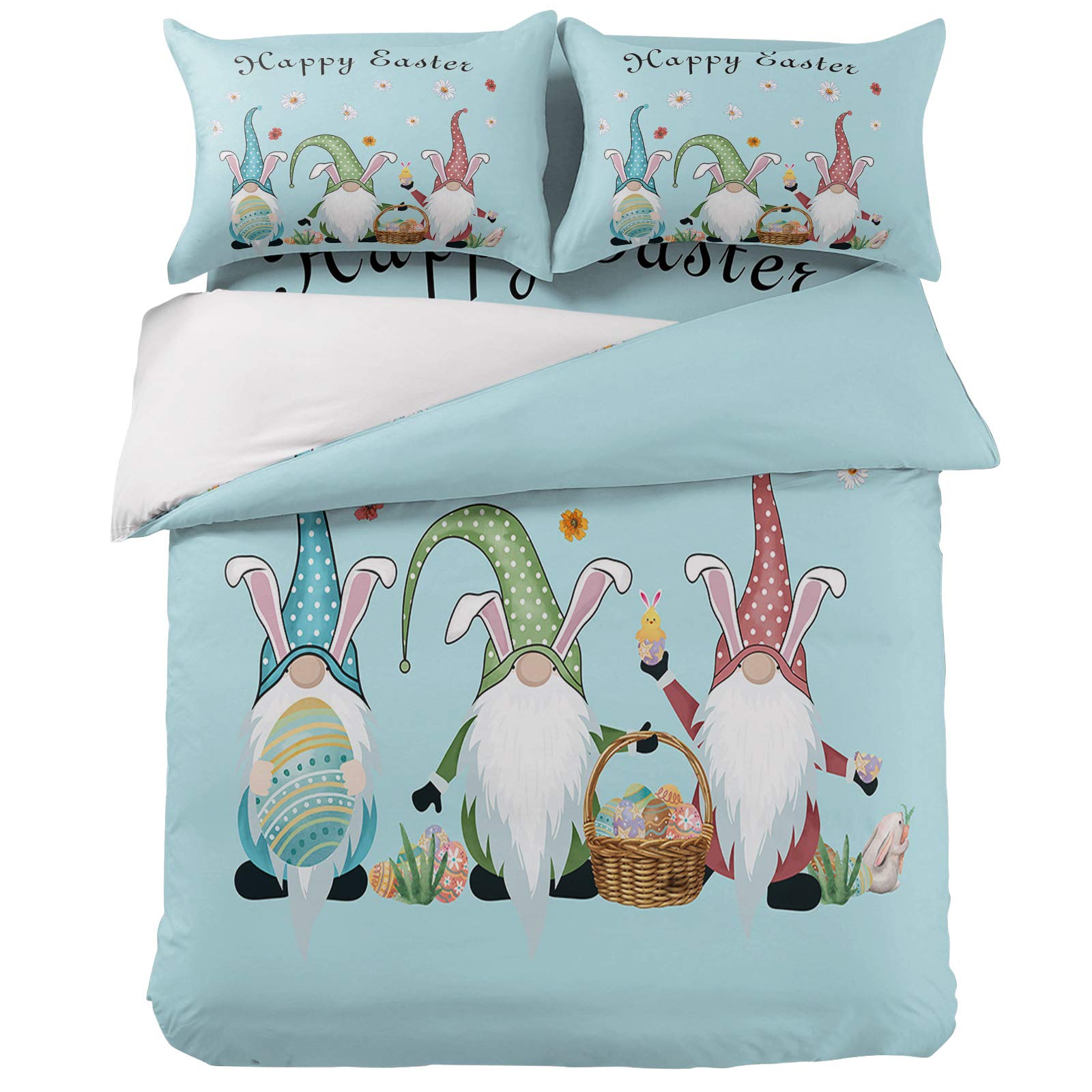 Twin Duvet Cover Set 4-Piece - Easter Gnomes with Colorful Eggs & Daisy Print - Ultra Soft Breathable Comforter Cover, Flat Sheet & 2 Decorative Pillow Shams - Blue Bedding Set for Spring Decor & Cozy Bedroom