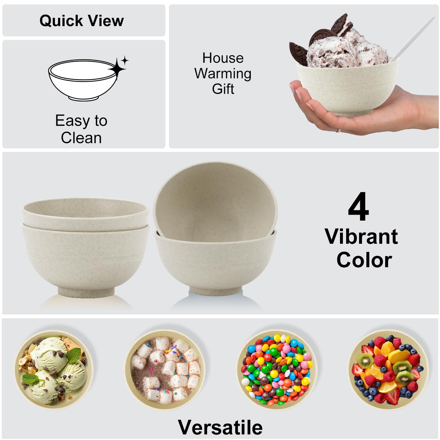 Eco-Friendly Wheat Straw Dessert Bowls Set of 8 (10oz) - Unbreakable Kids Snack Bowls for Ice Cream, Fruits & Appetizers - Microwave & Dishwasher Safe Mini Bowls - Beige - Perfect for Family Gatherings, Kids Parties & Healthy Snacking