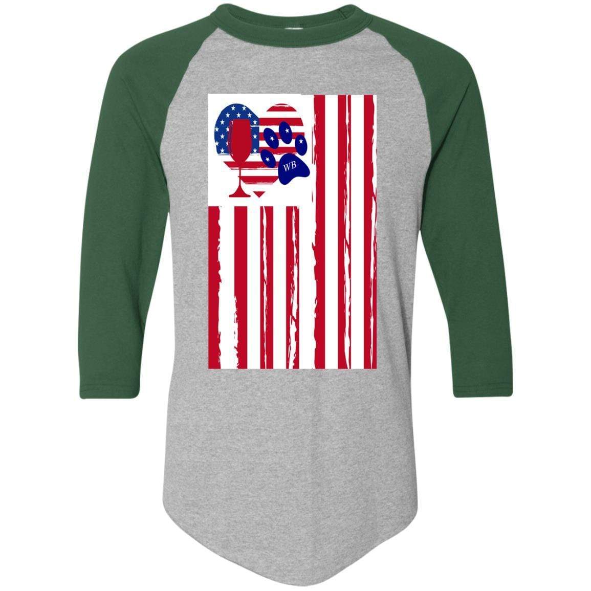 American Flag Wine Glass with Paw Heart Design - Colorblock Raglan Jersey for Women | Perfect for Patriotic Parties, BBQ Gatherings & Wine Lovers