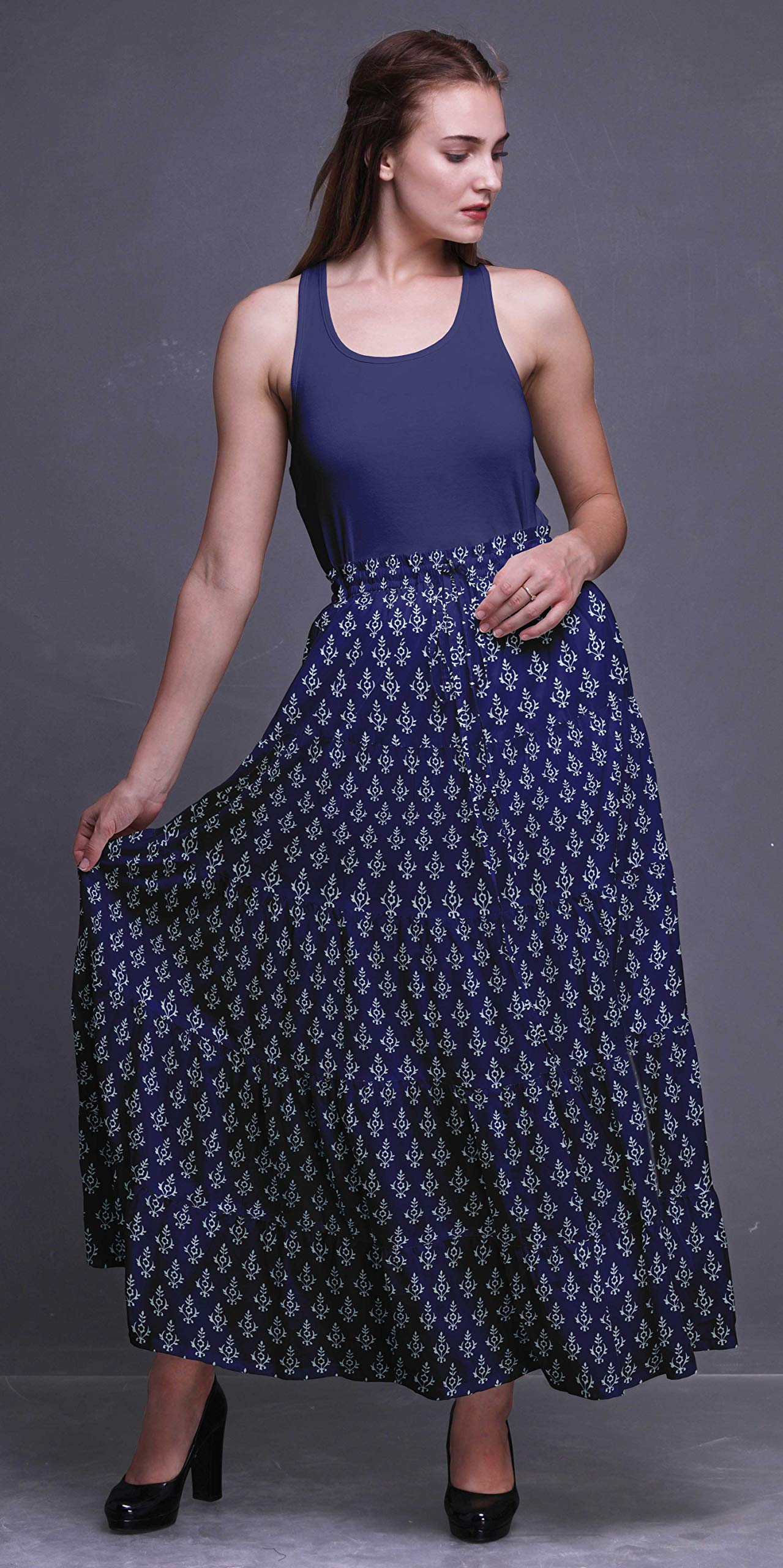 Boho Printed Long 5-Tier Cotton Skirt for Women - Flowy Maxi Skirt for Summer, Beach, Music Festivals & Casual Outfits