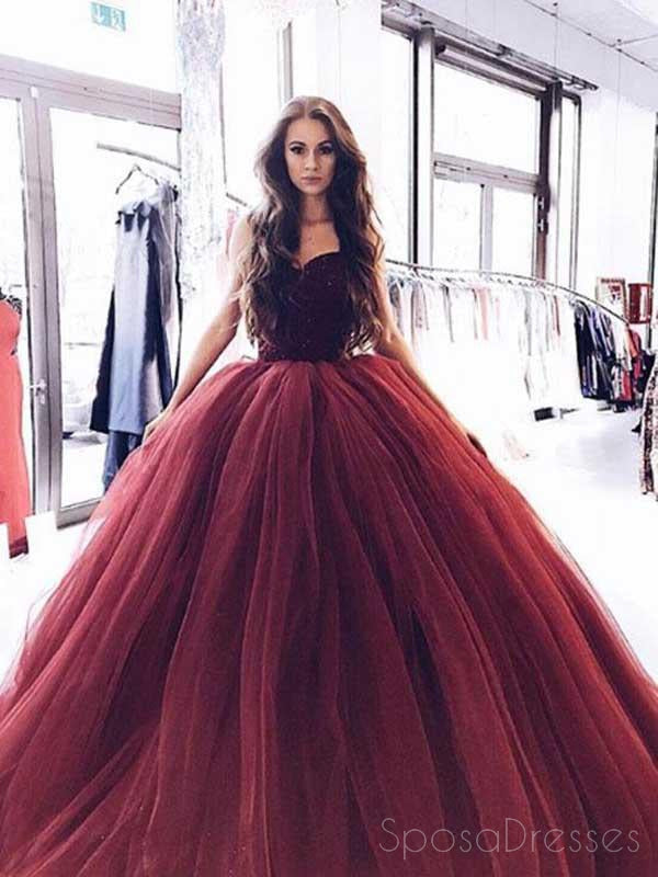 2018 Maroon Strapless Ball Gown Beaded Long Custom Evening Prom Dresses for Women - Elegant Beaded Formal Gown for Prom Night, Homecoming, Wedding & Special Occasions