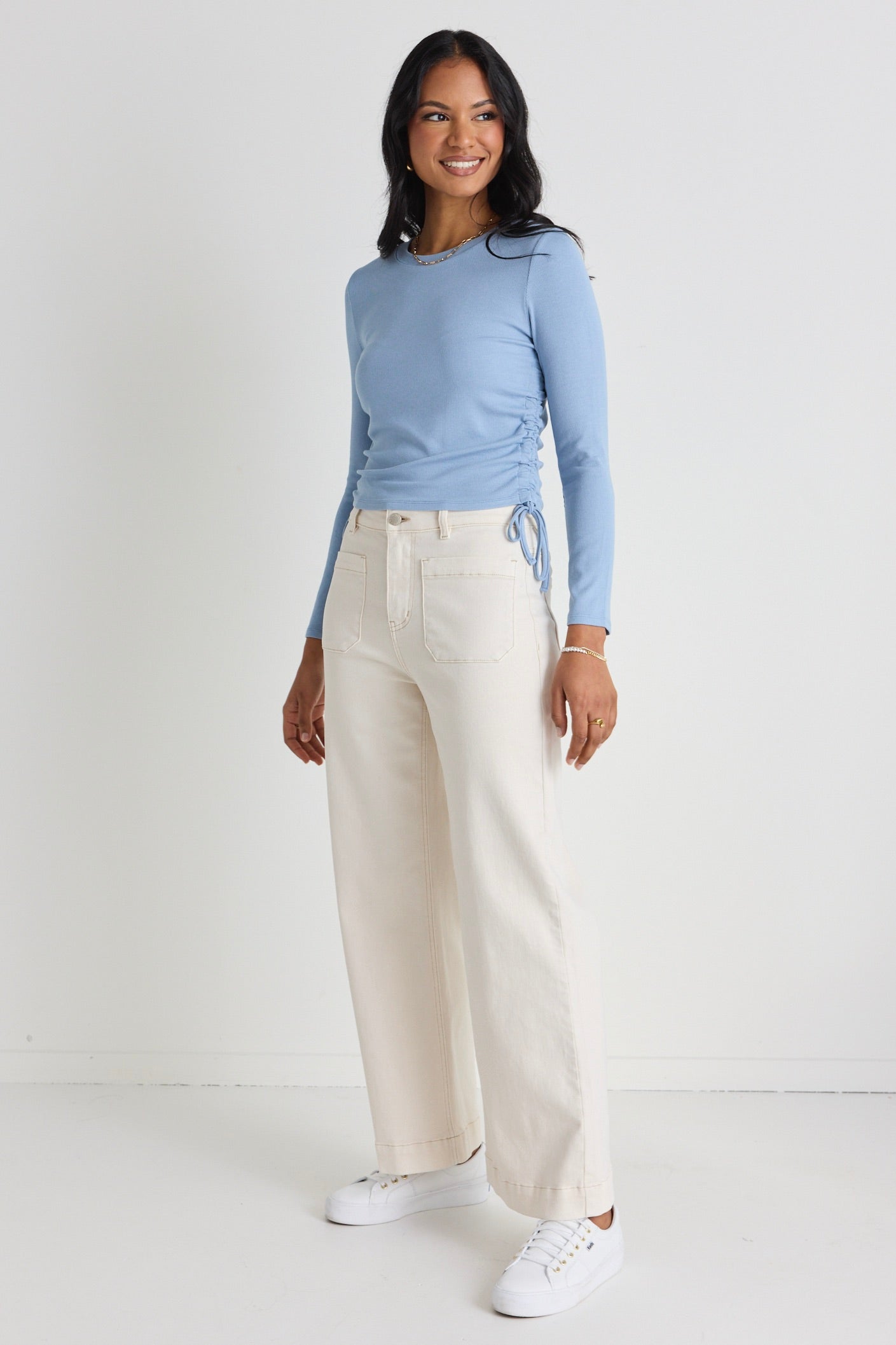 Inclined Duck Egg Rib Rouched Side Long Sleeve Tee - Stylish & Comfortable Women's Top for Casual Wear, Work & Outings