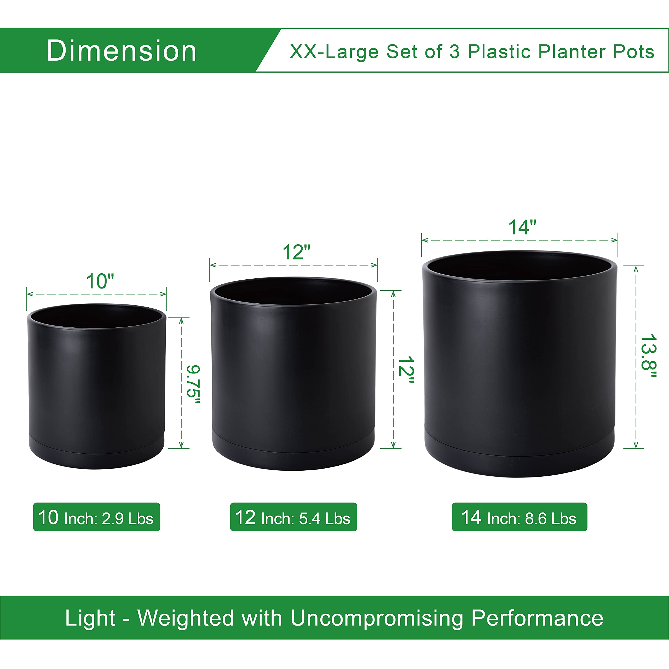 D'vine Dev 10/12/14 Inch Plastic Plant Pots Set of 3 with Drainage Holes & Saucers - Black XX-Large Indoor/Outdoor Flower Planters for Home Garden Decor (74-V-B-6)
