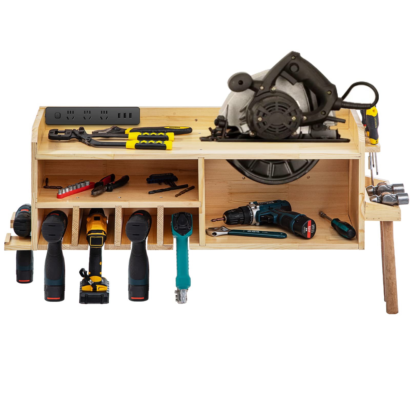 VEVOR Wall Mount Power Tool Organizer with 4 Drill Hanging Slots & 3 Shelves - Wooden Charging Station for Cordless Drills, Impact Wrench, Screwdrivers & Saws - Perfect for Garage, Workshop & DIY Projects