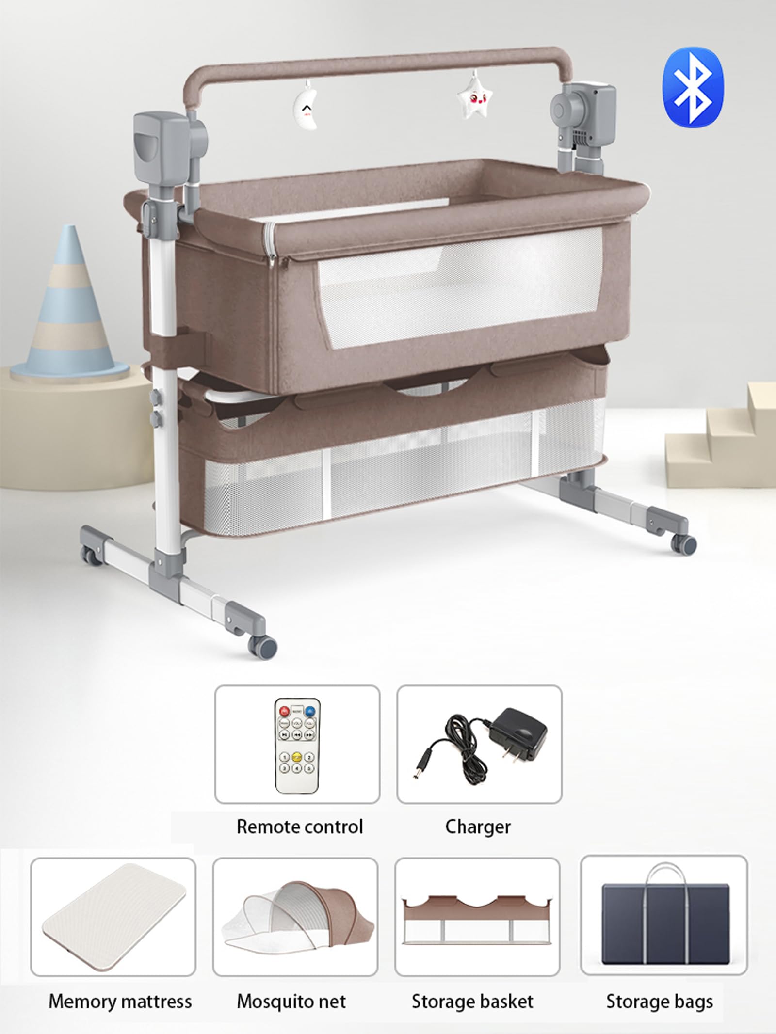 Electric Bassinet for Co-Sleeping - Convertible Baby Bedside Crib with Bluetooth 5, 5 Swaying Gears & Remote Control | Foldable Infant Bedside Sleeper & Toddler Cradle | Safe Nursery Sleeping Solution for Newborns & Babies (601 Khaki) | Perfect for Bedroom, Nursery & Travel Use