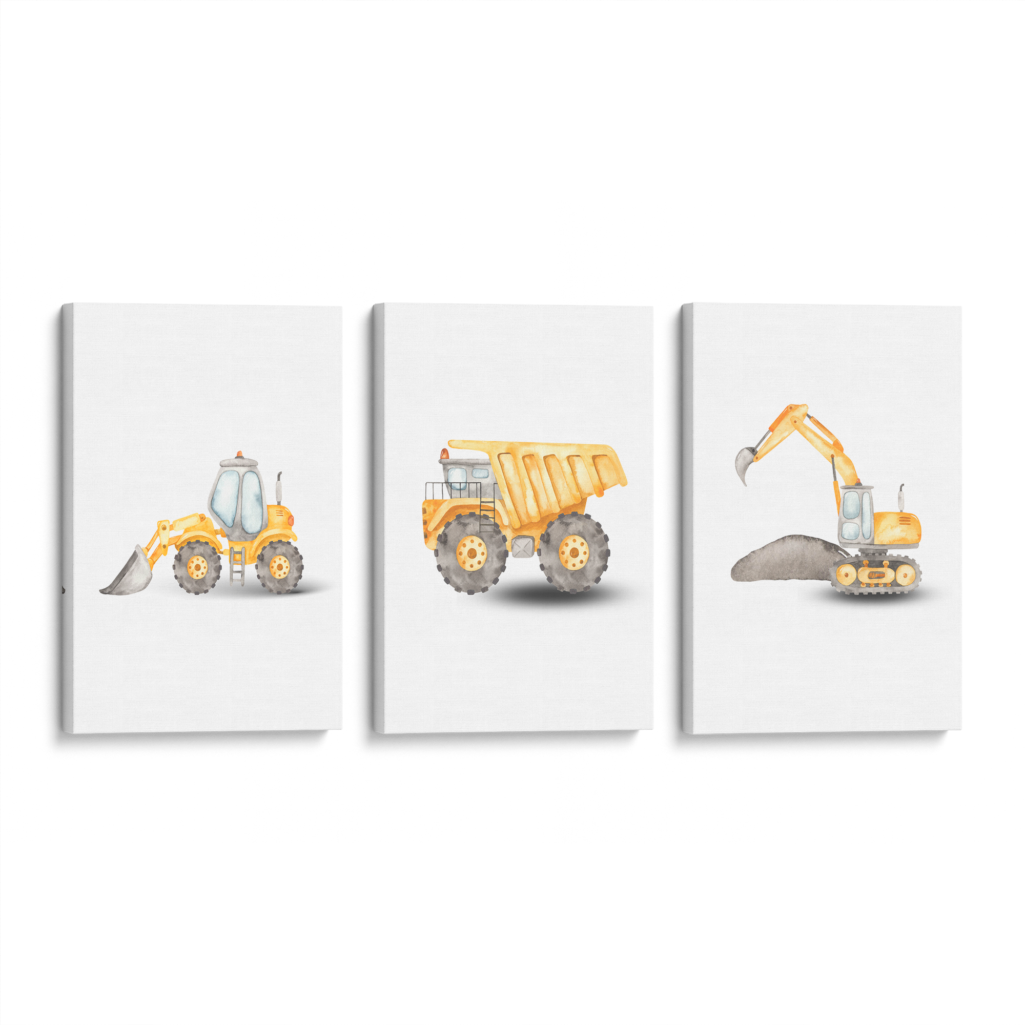 3-Piece Construction Vehicles Canvas Art Set - Dump Truck, Excavator & Bulldozer Wall Decor for Kids Room, Nursery & Playroom