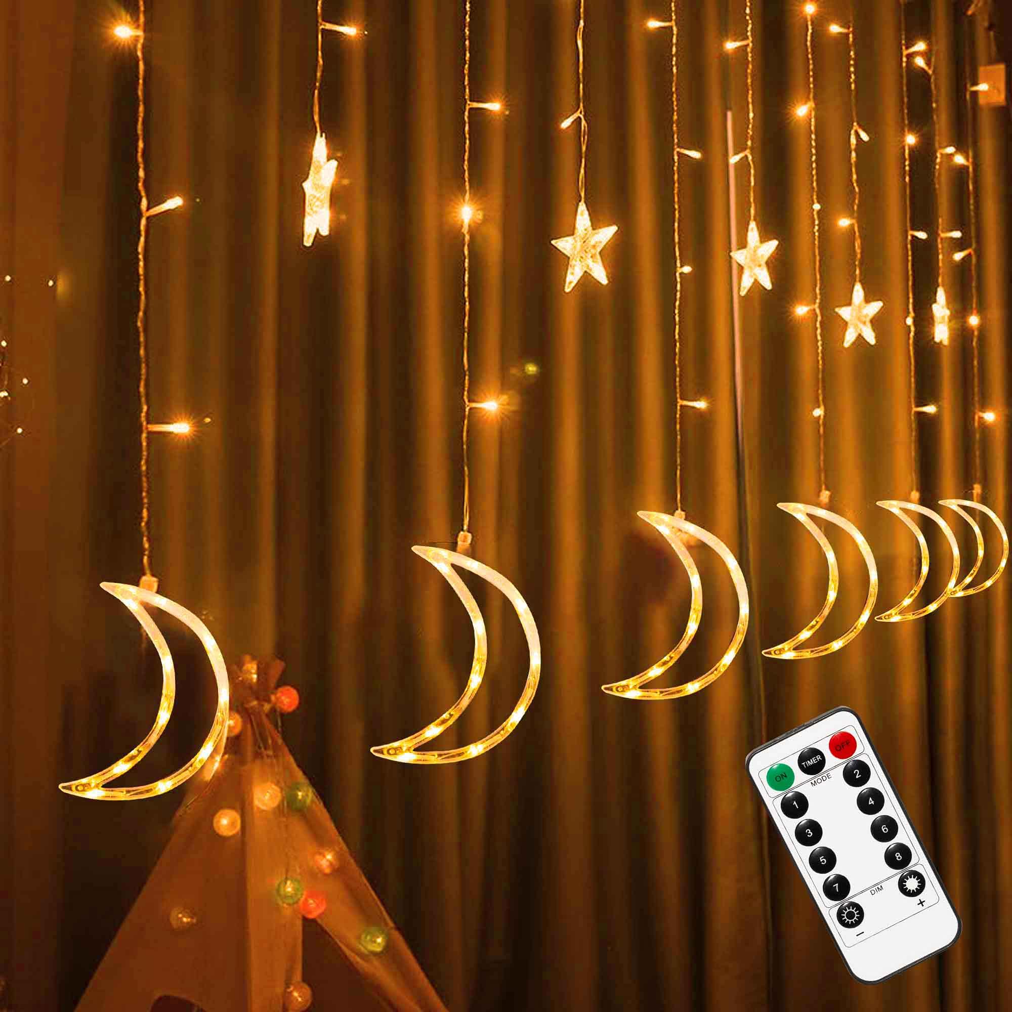 FUNPENY 138 LED Star Moon Curtain String Lights with Remote Control - 8 Modes Warm White Fairy Lights for Bedroom, Wedding, Party Decor - Perfect for Indoor, Patio, Lawn & Ramadan Decoration