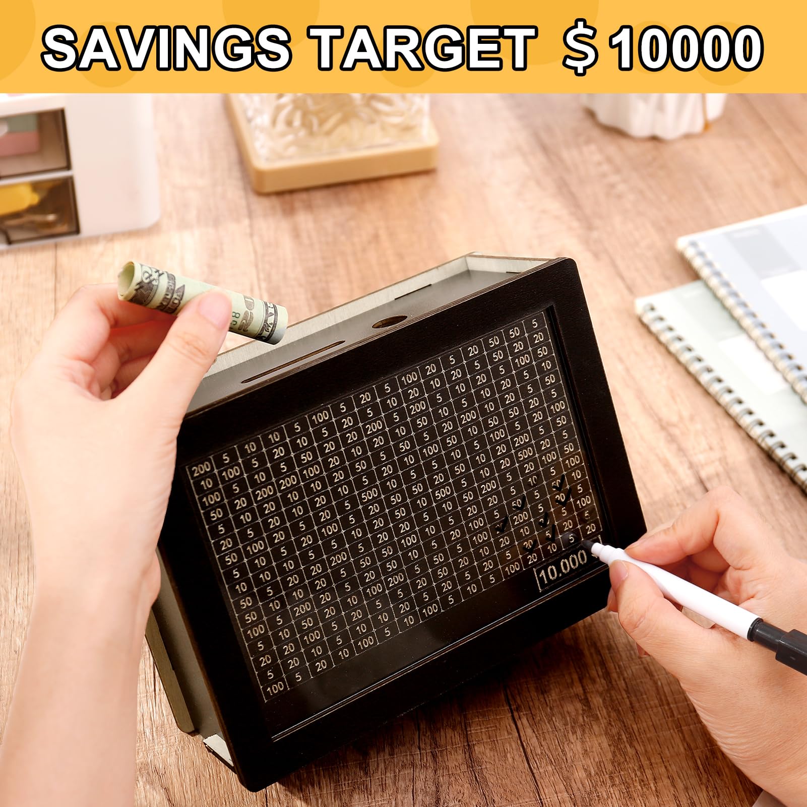 Wooden Cash Vault Savings Box with Digital Counter - Retro Money Saving Bank for Kids & Adults (10,000 Challenge, Black) - Perfect for Home Budgeting, Piggy Bank Alternative & Financial Education Gift