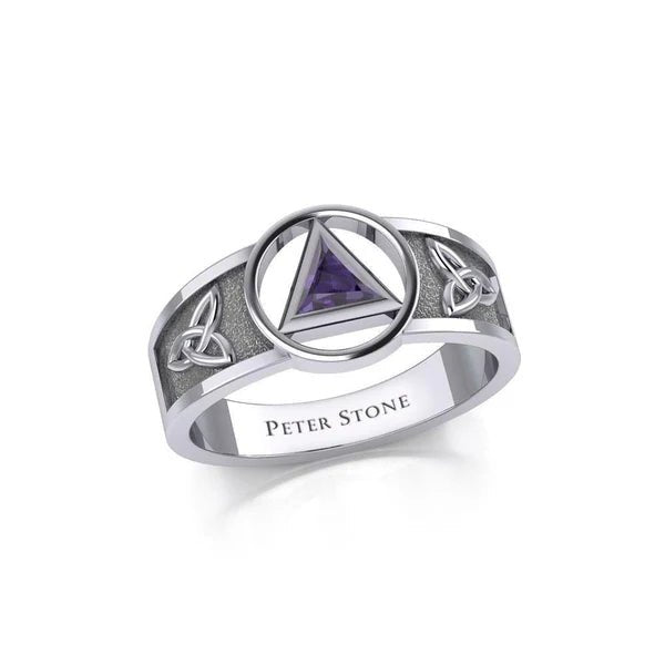 Celtic Trinity Knot Sterling Silver Ring with Inlaid Recovery Symbol - Elegant Irish Jewelry for Women, Men - Perfect for Weddings, Anniversaries & Spiritual Healing