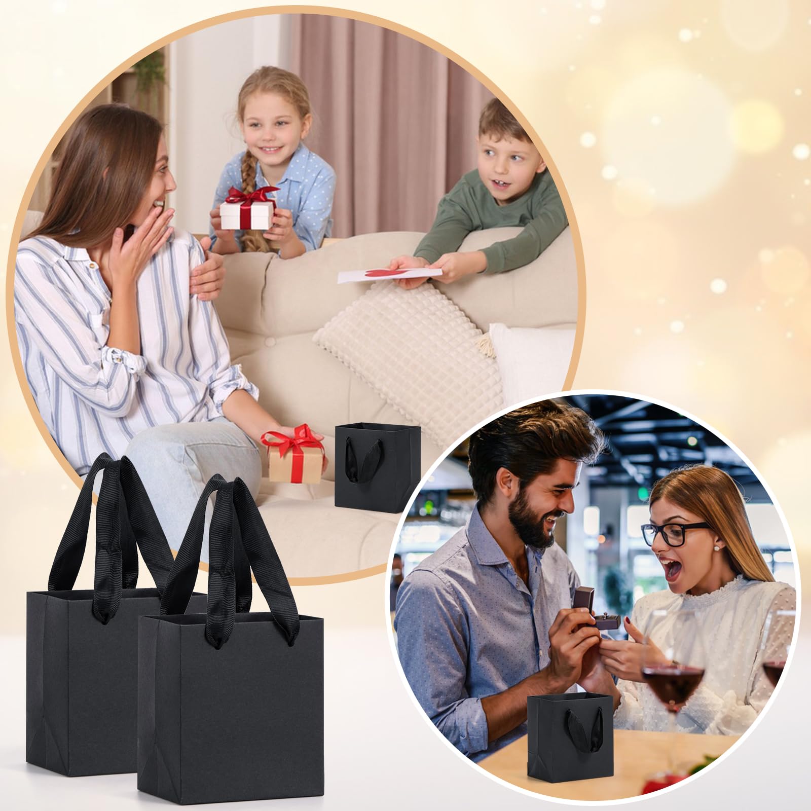 Katfort 50 Pack Mini Kraft Paper Gift Bags 4x2.75x4.5 Inches with Cotton Handle - Matte Black Small Gift Bags Bulk for Holiday Shopping, Wedding Favors, Birthday Party, Baby Shower & Christmas Gifts | Perfect for Candy, Jewelry, Cosmetics & Small Gift Packaging