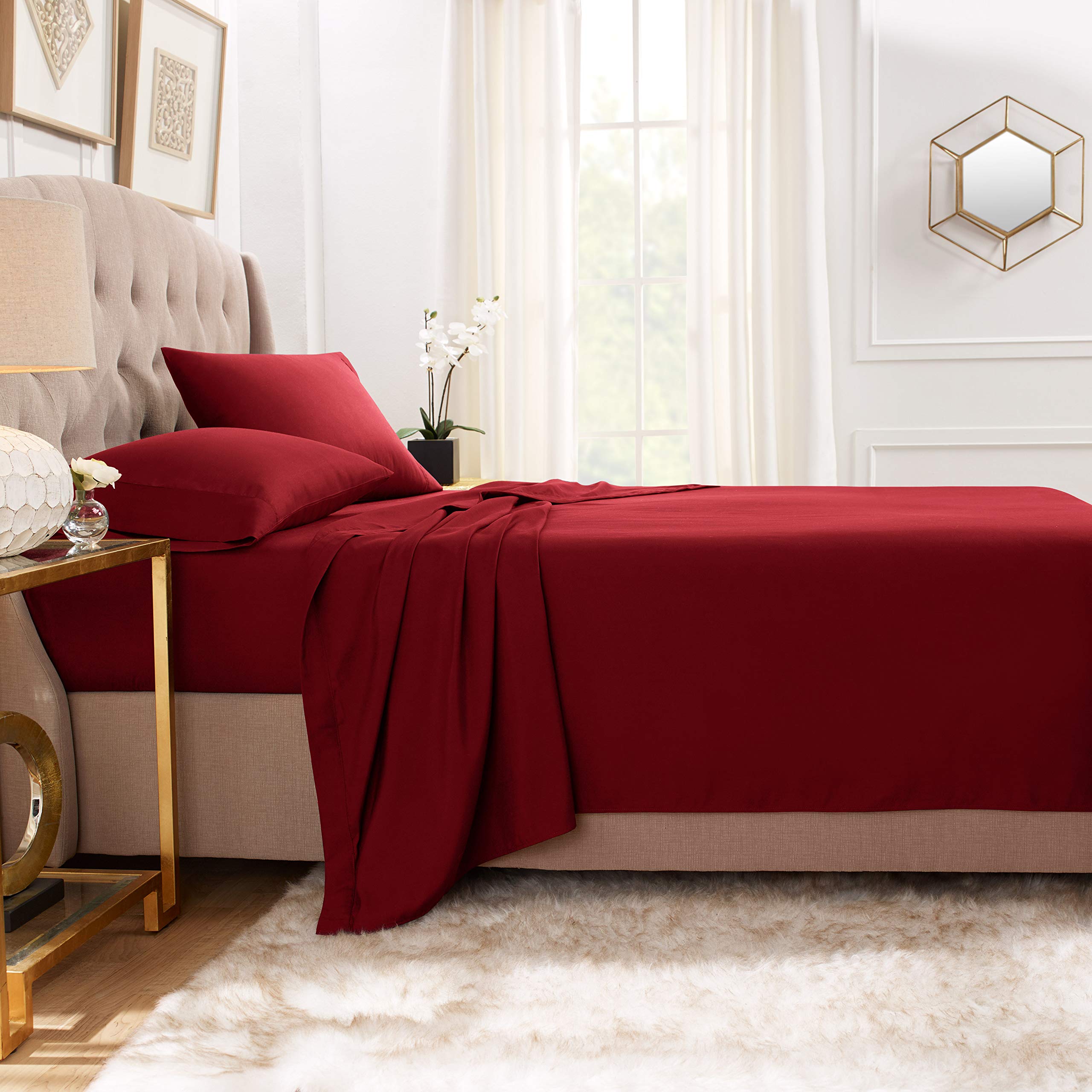 Premium 800 Thread Count 100% Pure Cotton King Size Sheet Set - Ultra Soft & Breathable Flat Sheet + 2 Pillowcases (Burgundy, 3-Piece) - Perfect for Luxury Bedrooms, Guest Rooms & Hotels