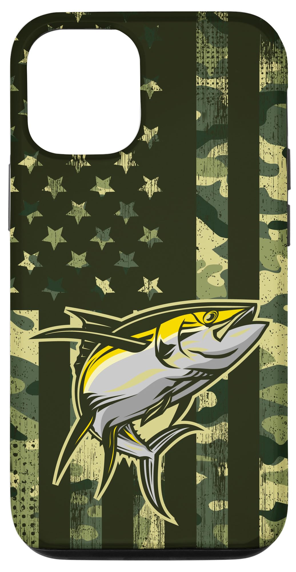 iPhone 15 Pro Max Camo American Flag Waterproof Fishing Case - Durable Protective Cover for Yellowfin Tuna Fishing & Outdoor Adventures (Compatible with iPhone 15 Series)