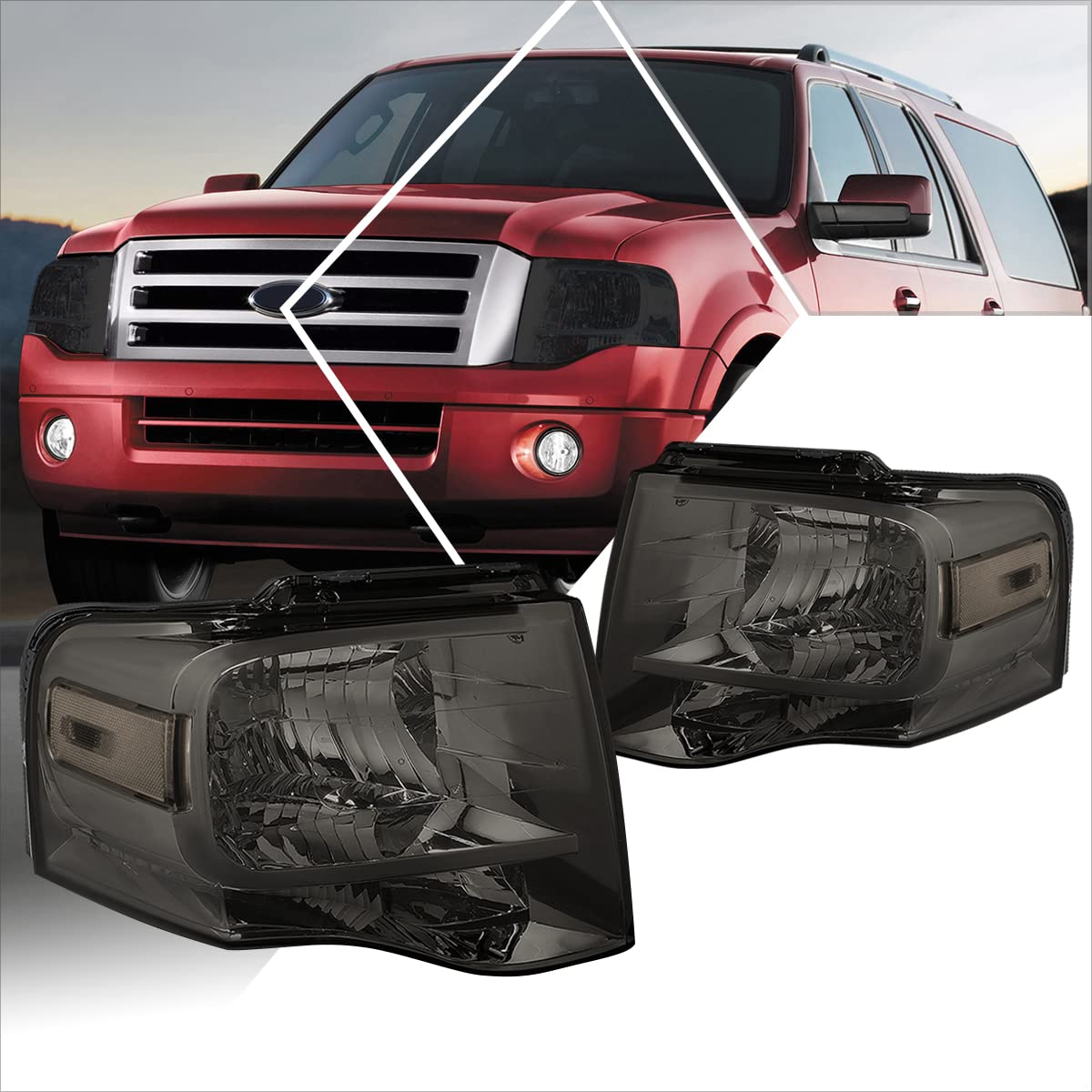 PM PERFORMOTOR Headlights Assembly Compatible with 2007-2014 Ford Expedition - Pair of Smoked Lens Headlamps with Clear Corner - Perfect for Night Driving & Off-Road Adventures