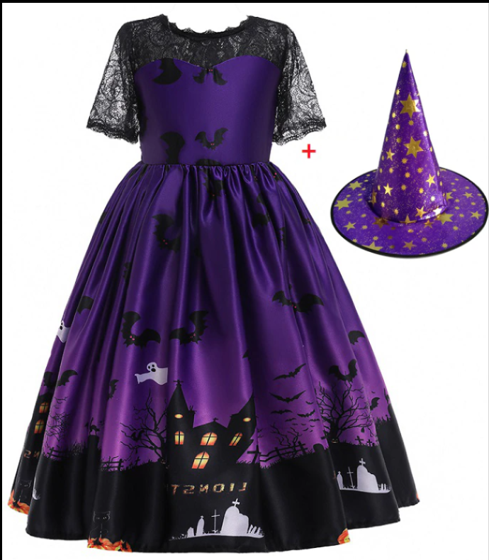 Halloween Princess Dress for Girls - Elegant Printed Mesh Costume for Trick or Treat, Parties & Dress-Up Play