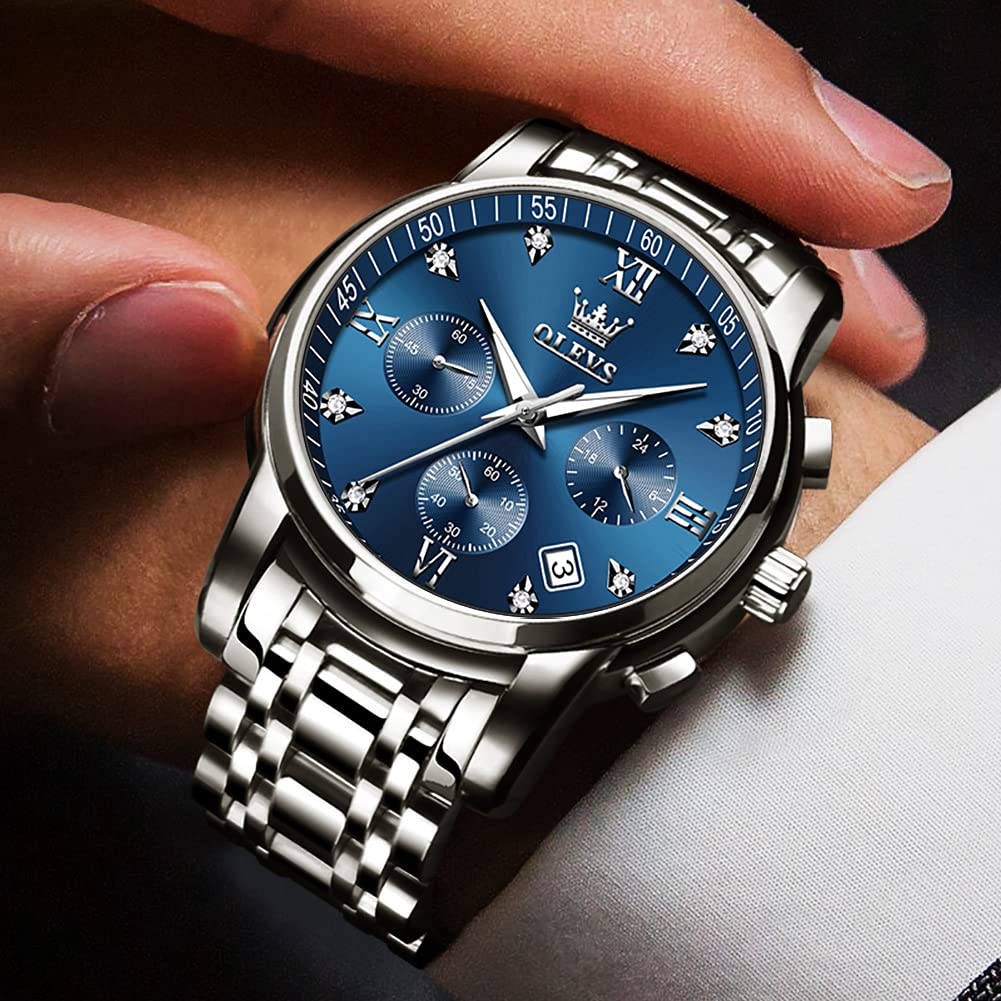 OLEVS Men's Multifunction Stainless Steel Watch - Waterproof Luminous Chronograph with Date Display, Classic Dress Watch for Business, Casual, Outdoor & Formal Occasions