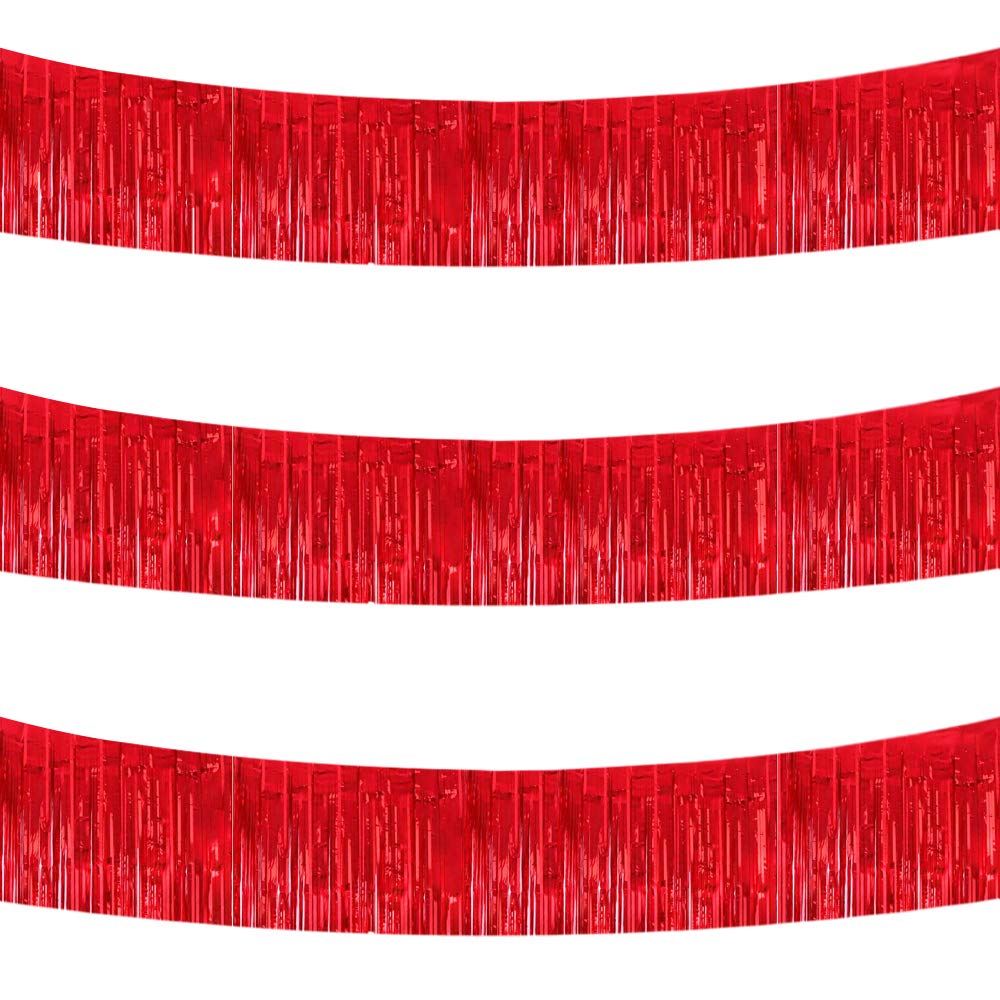 BEISHIDA 3-Pack 30ft Metallic Foil Fringe Garland - Shiny Red Tinsel Streamers for Wedding, Birthday, Christmas, Halloween & New Year Party Decorations - Perfect for Wall Hangings, Ceiling Decor & Photo Backdrops