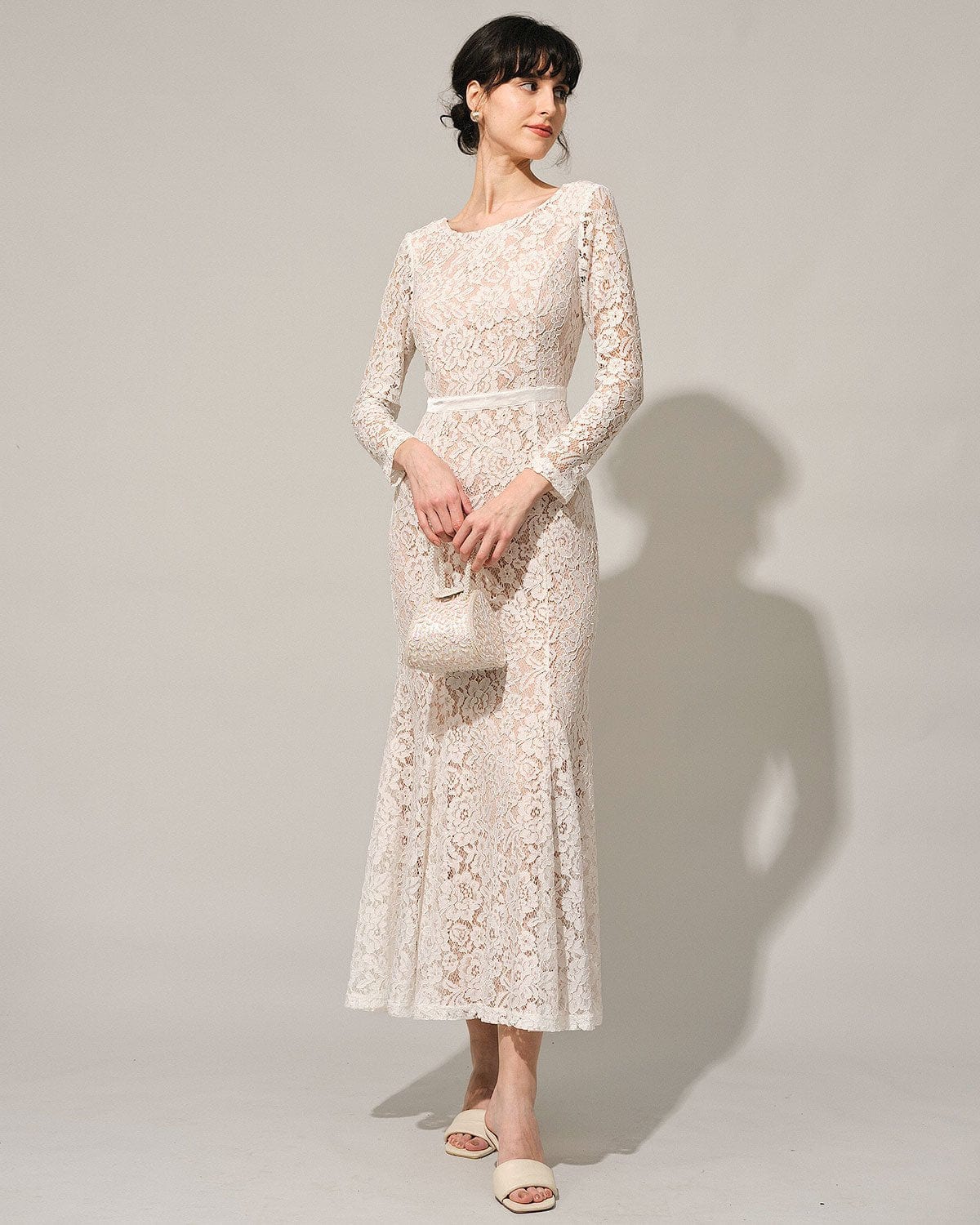 Elegant White Lace Long Sleeve Backless Maxi Dress for Women - Perfect for Weddings, Parties & Special Occasions