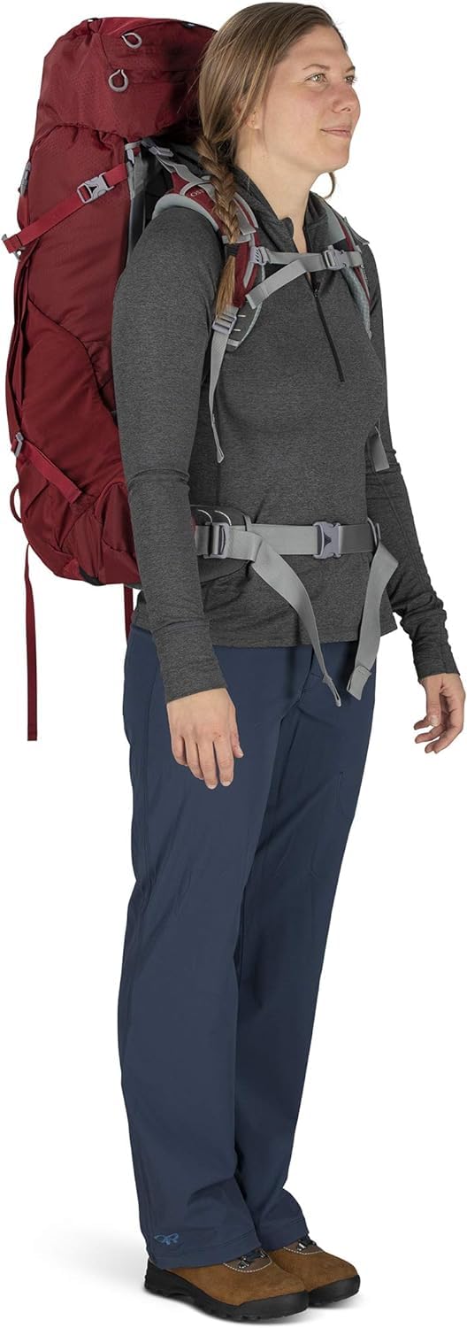 Osprey Ariel 55L Women's Backpacking Backpack - Lightweight Hiking Pack for Outdoor Adventures, Claret Red, WM/L Size - Perfect for Camping, Trekking & Travel