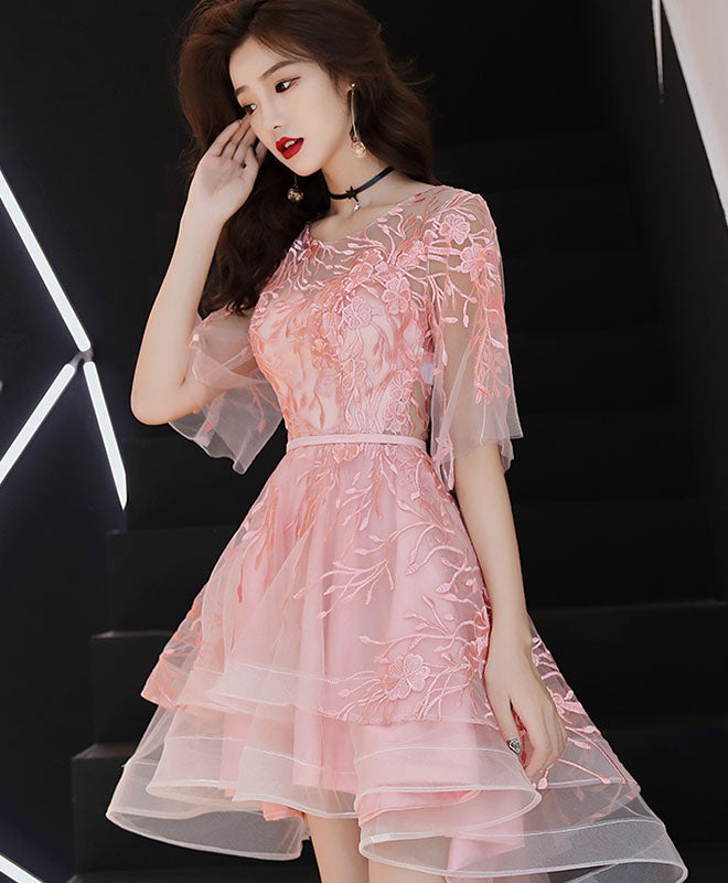 Elegant Pink Lace Tulle High-Low Prom Dress for Homecoming, Sweetheart Neckline Formal Gown - Perfect for Prom Night, Homecoming Dance & Special Occasions