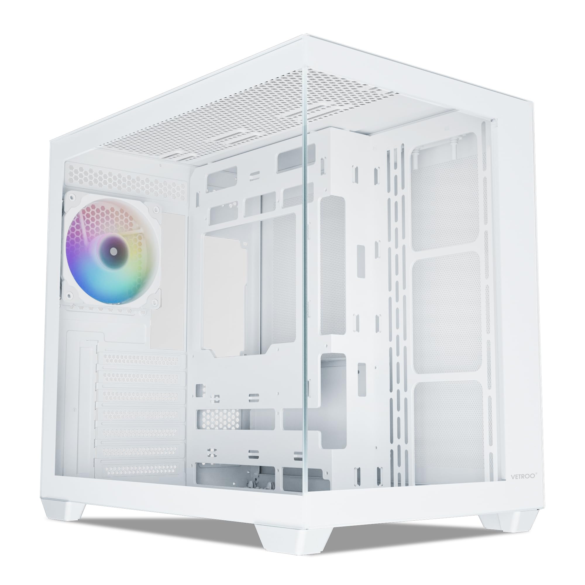 Vetroo AL900 ATX Mid Tower PC Case - 270° Full View Tempered Glass, Pre-Installed ARGB & PWM FDB Fan, Supports 360mm Radiator & 10 Fans, USB Type-C Ready, Compatible with RTX 40 Series GPUs (White) - Perfect for Gaming Rigs & High-Performance PC Builds