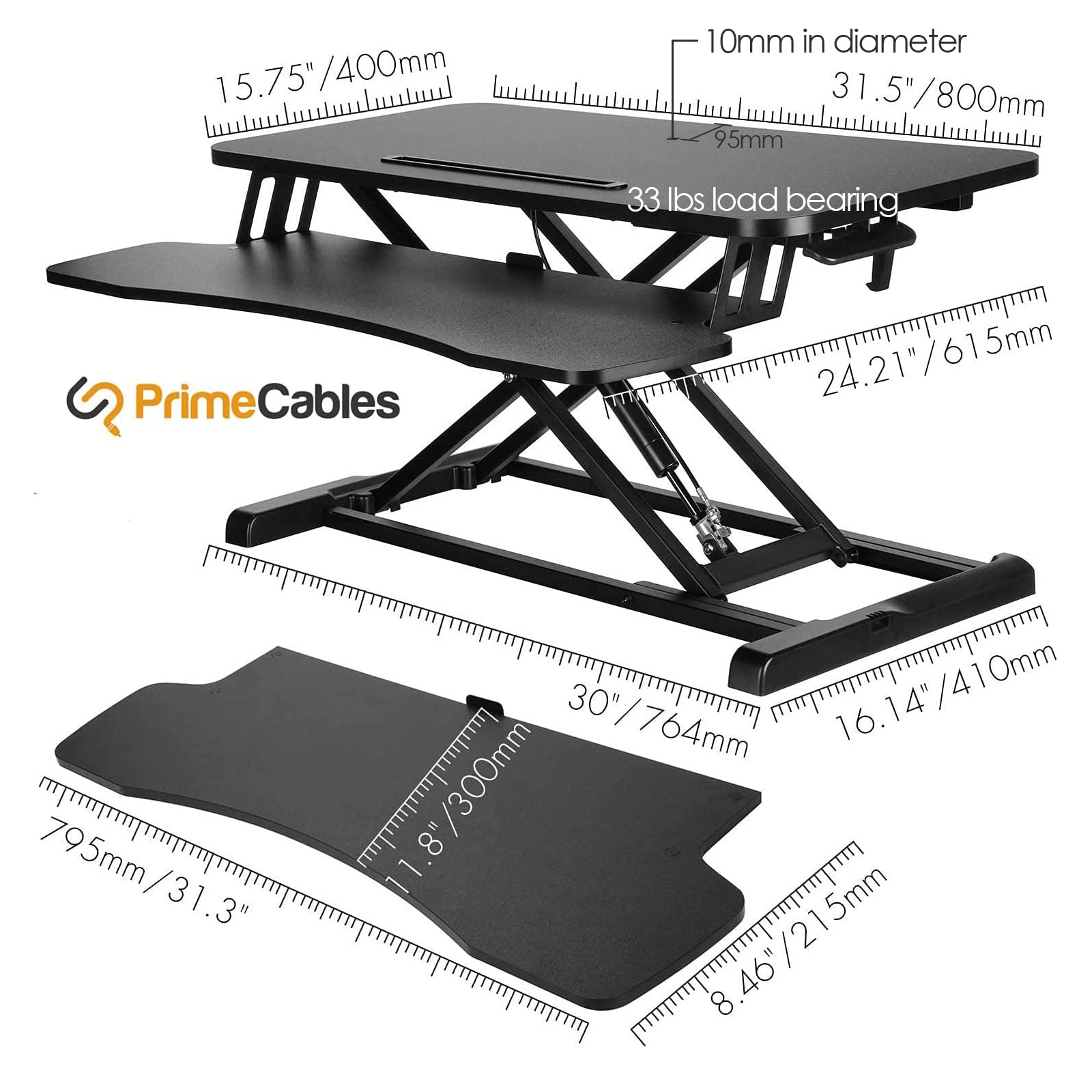 PrimeCables 31.5-inch Height Adjustable Standing Desk Converter with Removable Keyboard Tray - Ergonomic Monitor Riser with Notebook Slot for Home Office & Workspace - Perfect for Remote Work, Gaming Setup and Computer Workstations