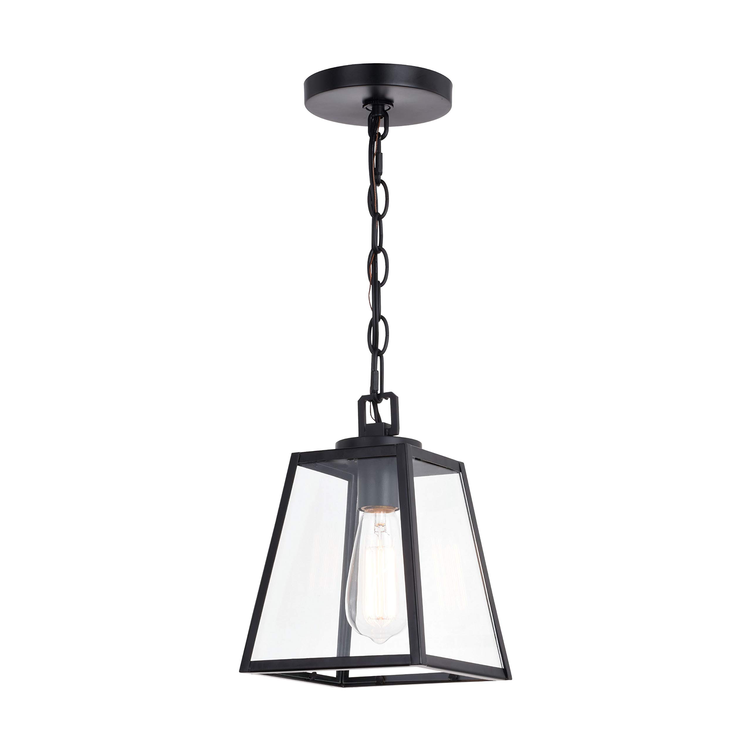 VAXCEL Grant 7-inch Black Farmhouse Mini Pendant Lantern - Indoor/Outdoor Hanging Ceiling Light with Clear Glass Panels - Perfect for Kitchen Island, Dining Room, Porch & Patio Lighting