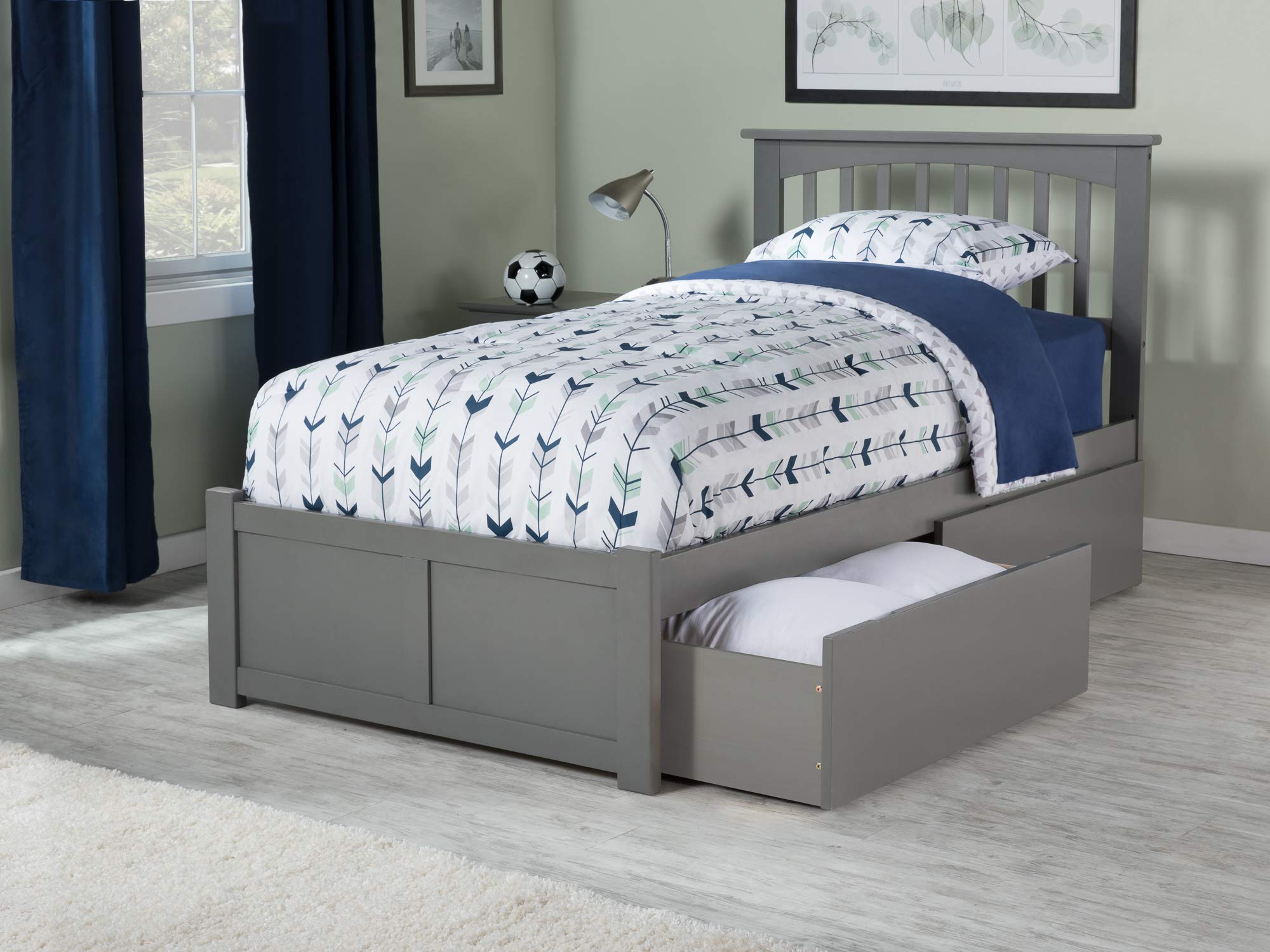 AFI Mission Twin XL Size Platform Bed with Footboard & Storage Drawers in Grey - Modern Wooden Bed Frame for Small Spaces, Guest Rooms & Dormitories