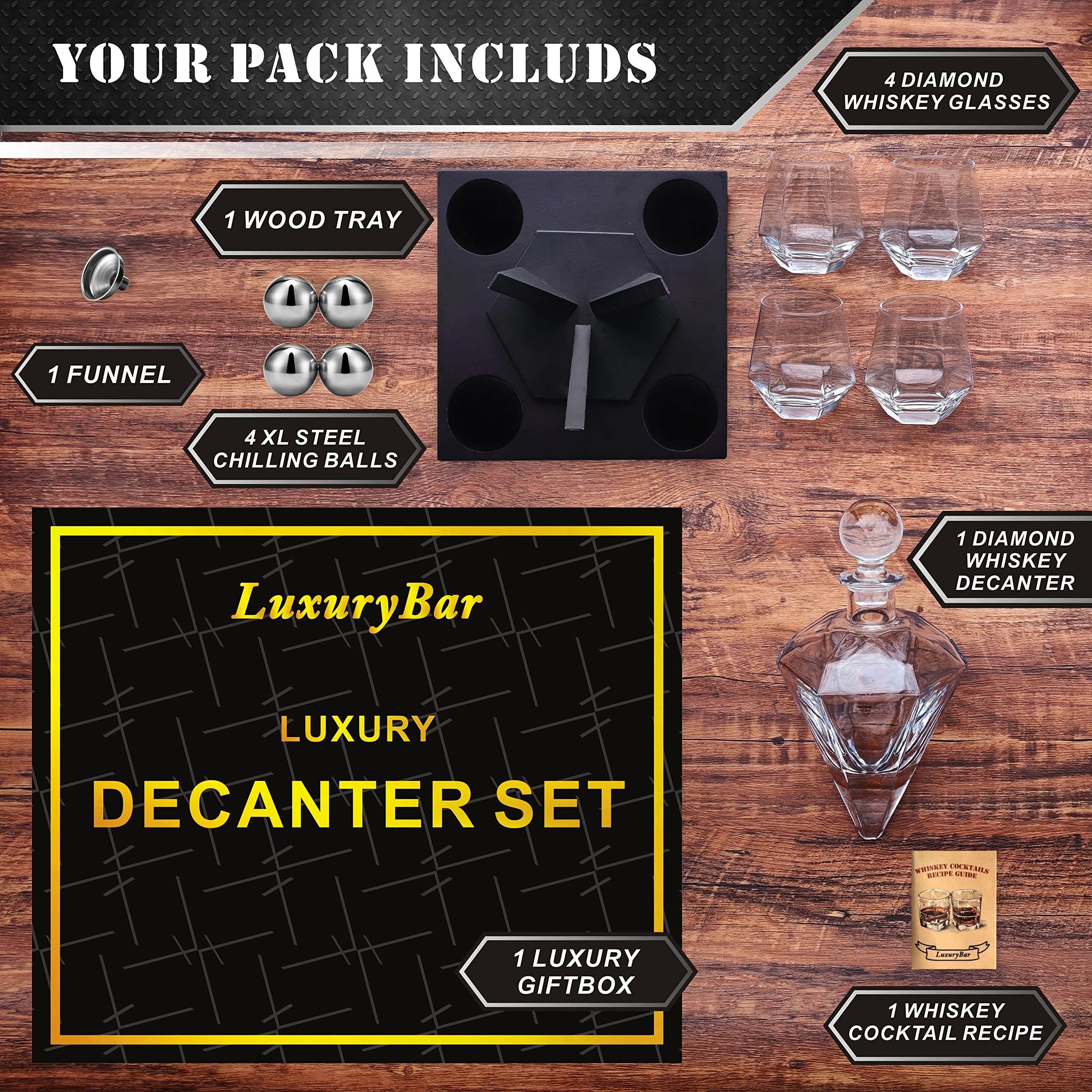 Premium Diamond-Cut Whiskey Decanter Set with ChillBall & Tray - Elegant Bourbon Liquor Dispenser - Perfect Gift for Men - Ideal for Home Bars, Dinner Parties & Whiskey Tasting Events