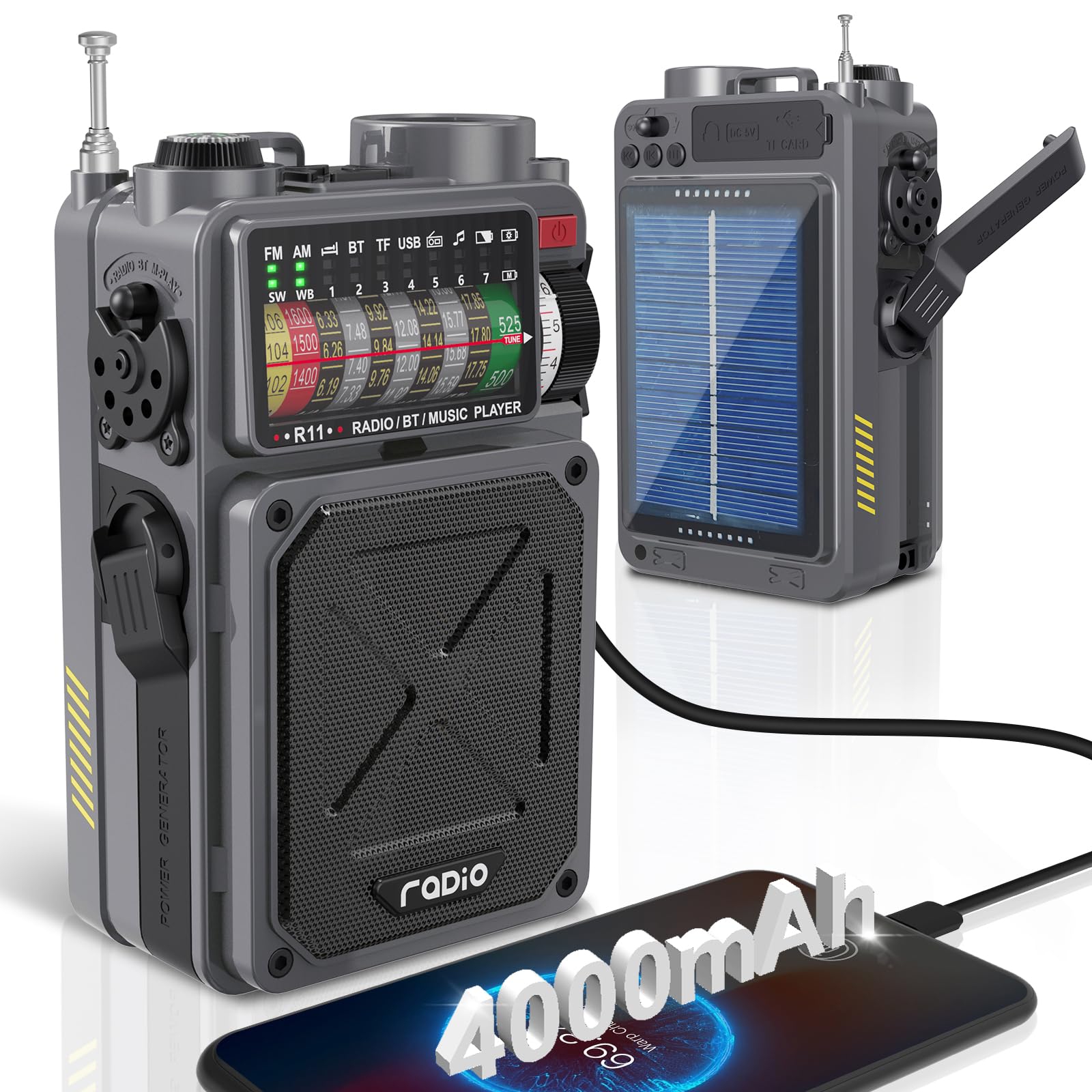 Portable Shortwave Radio with 4000mAh Battery - AM/FM/WB/SW Radio, Bluetooth Speaker, Flashlight, SOS Alarm & White Noise | Perfect for Camping, Emergency Preparedness & Outdoor Adventures