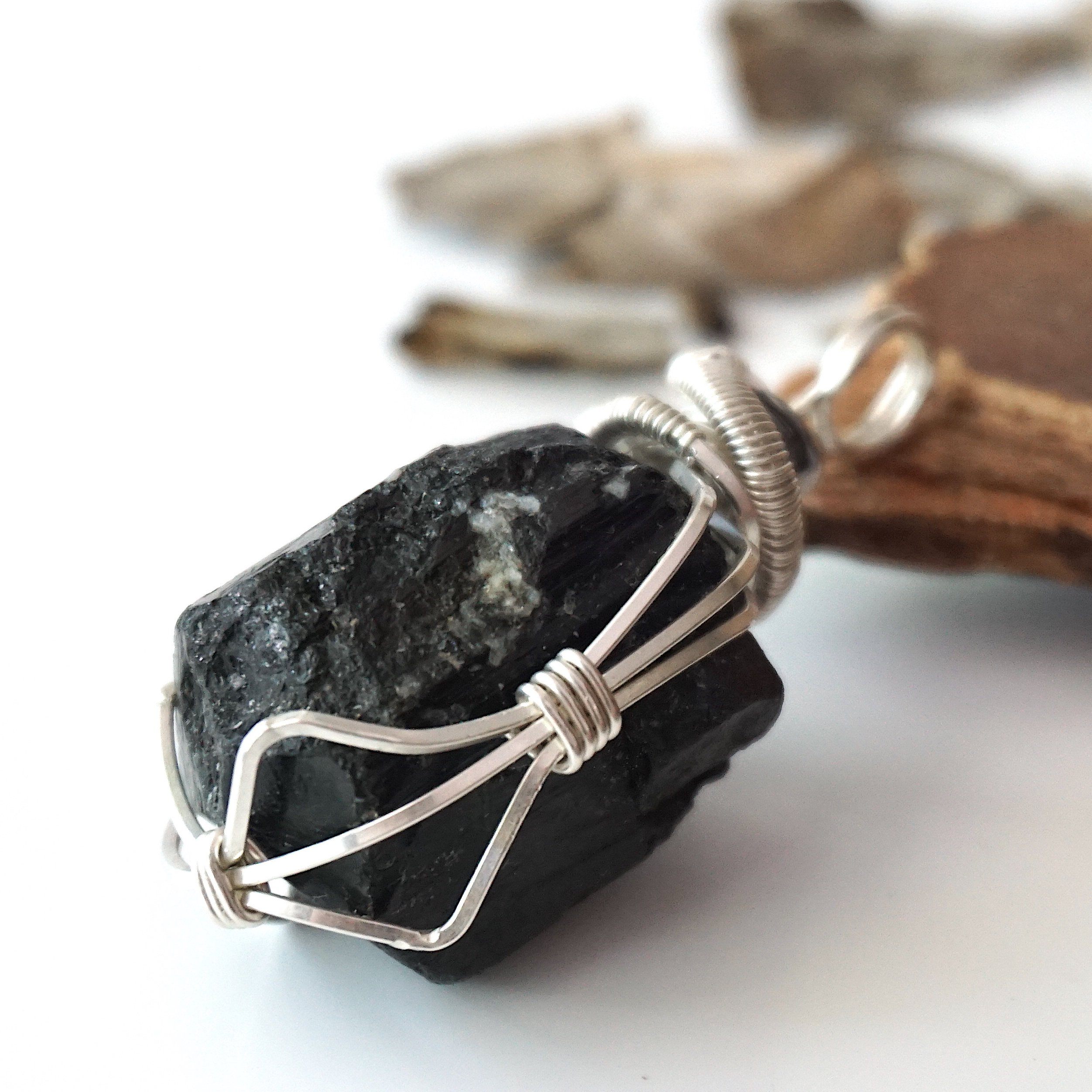 Sterling Silver Wire Wrapped Raw Tourmaline Pendant Necklace for Women - Handmade Boho Jewelry Gift for Birthday, Wedding & Spiritual Healing