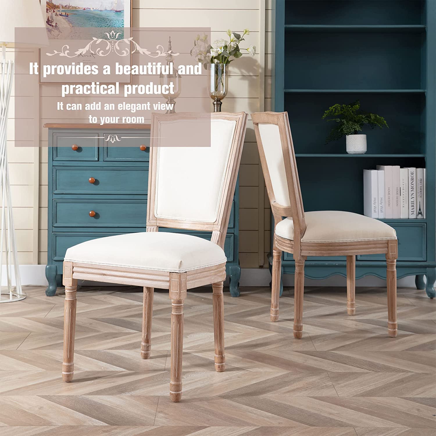 Nrizc Farmhouse Dining Chairs Set of 4 - French Country Square Back Bistro Chairs with Brown Wood Legs, Beige Upholstered Seats - Perfect for Dining Room, Kitchen, Living Room, Restaurant & Cafe Decor
