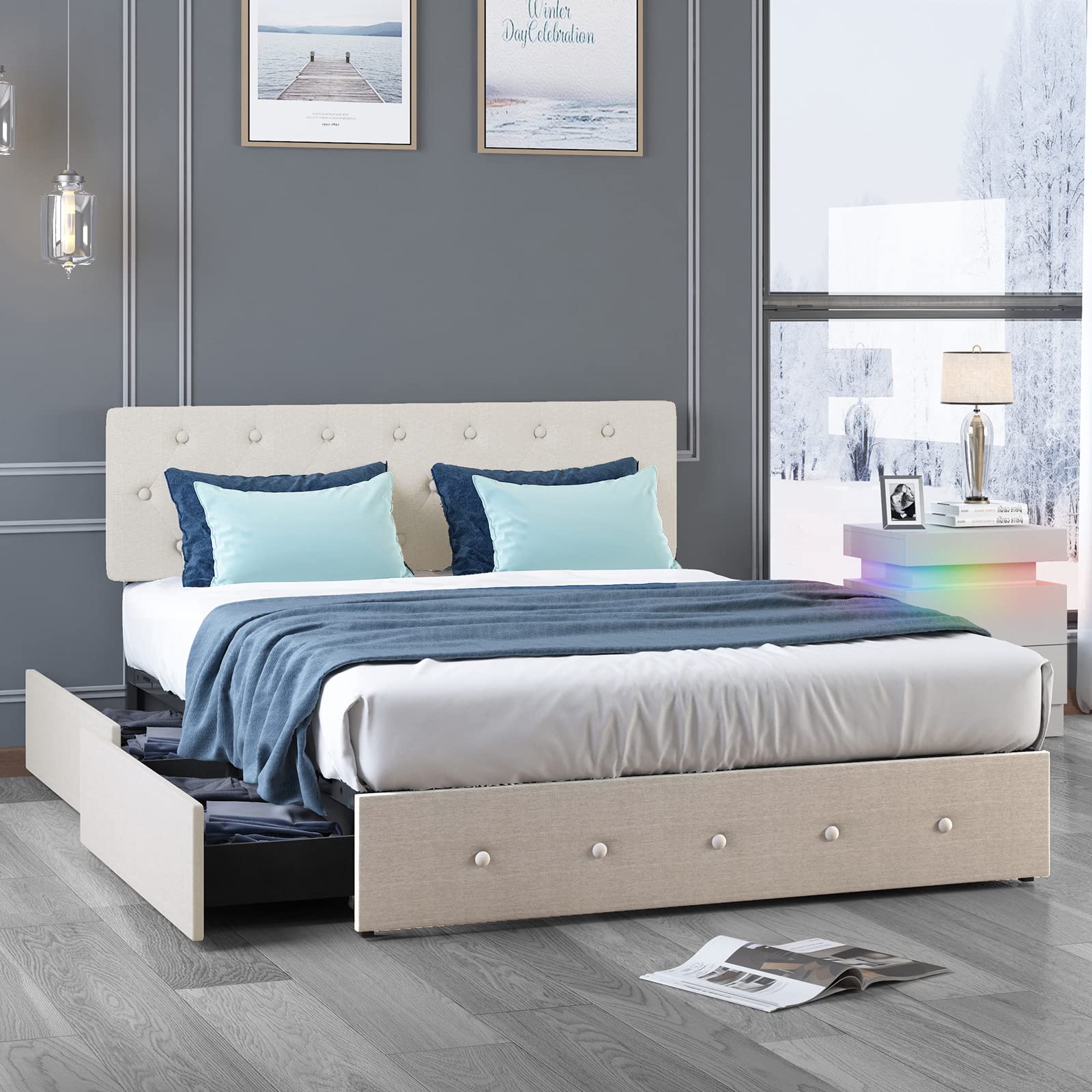 Mjkone Full Size Platform Bed Frame with 4 Storage Drawers - Adjustable Headboard, Button Tufted Design & Wood Slat Support - No Box Spring Needed, Easy Assembly (Beige) - Perfect for Small Bedrooms, Guest Rooms & Space-Saving Storage Solutions